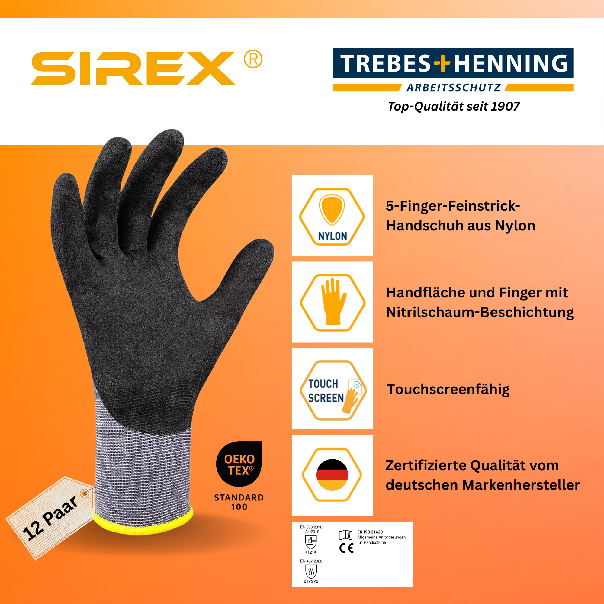Sirex T683 Arbeitshandschuhe Touchscreen-fähig, 12 Paar - Nylon Feinstrick mit Nitrilschaum-Beschichtung, Oeko-Tex 100 zertifiziert, EN 388 & EN 407, Montagehandschuhe Grau/Schwarz