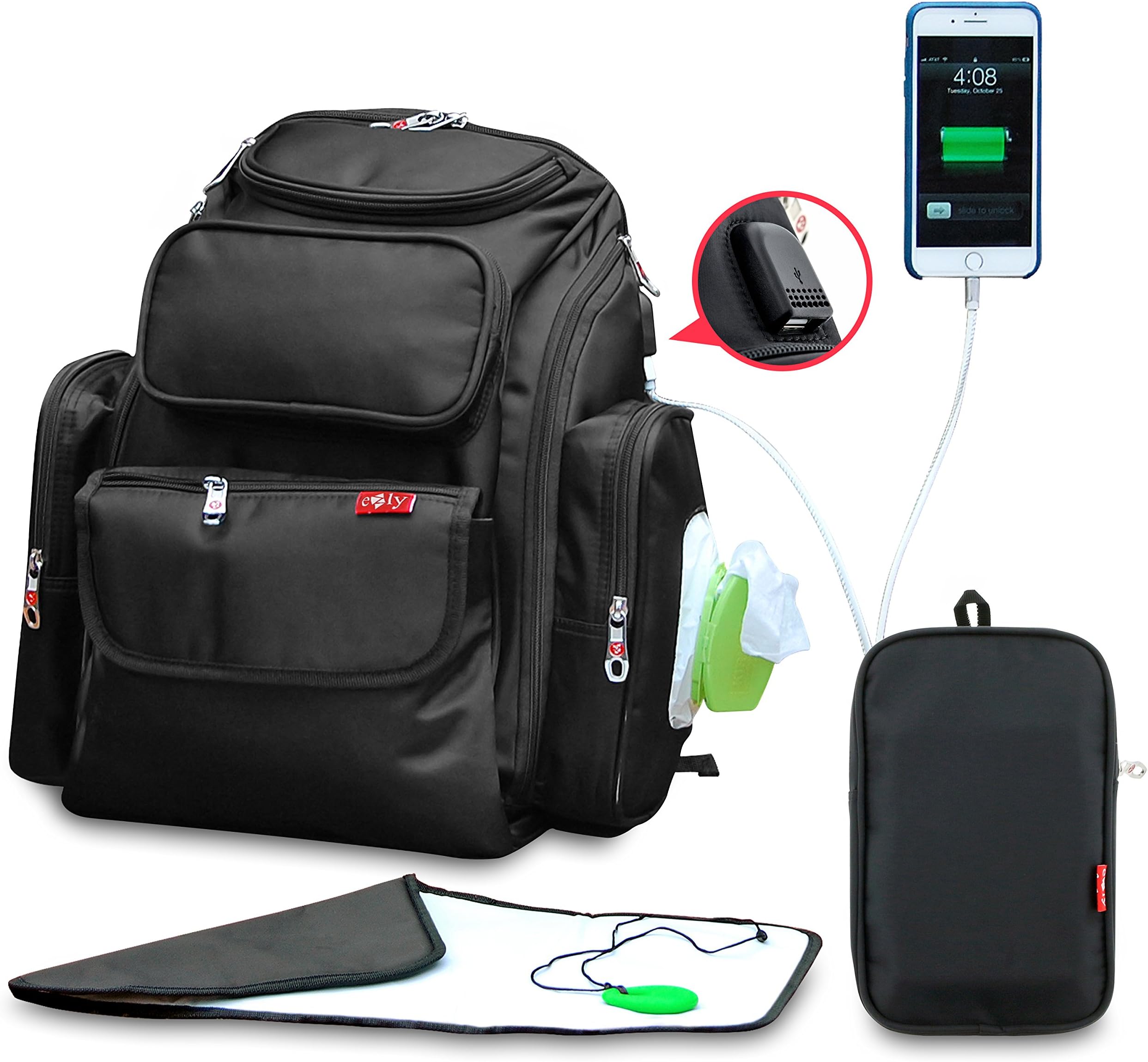 Ezly Diaper Bag Backpack, Multi-Function Baby Travel Bag With Changing Pad/Stroller Straps, Insulated Pocket, Waterproof, Durable, USB port (Black)