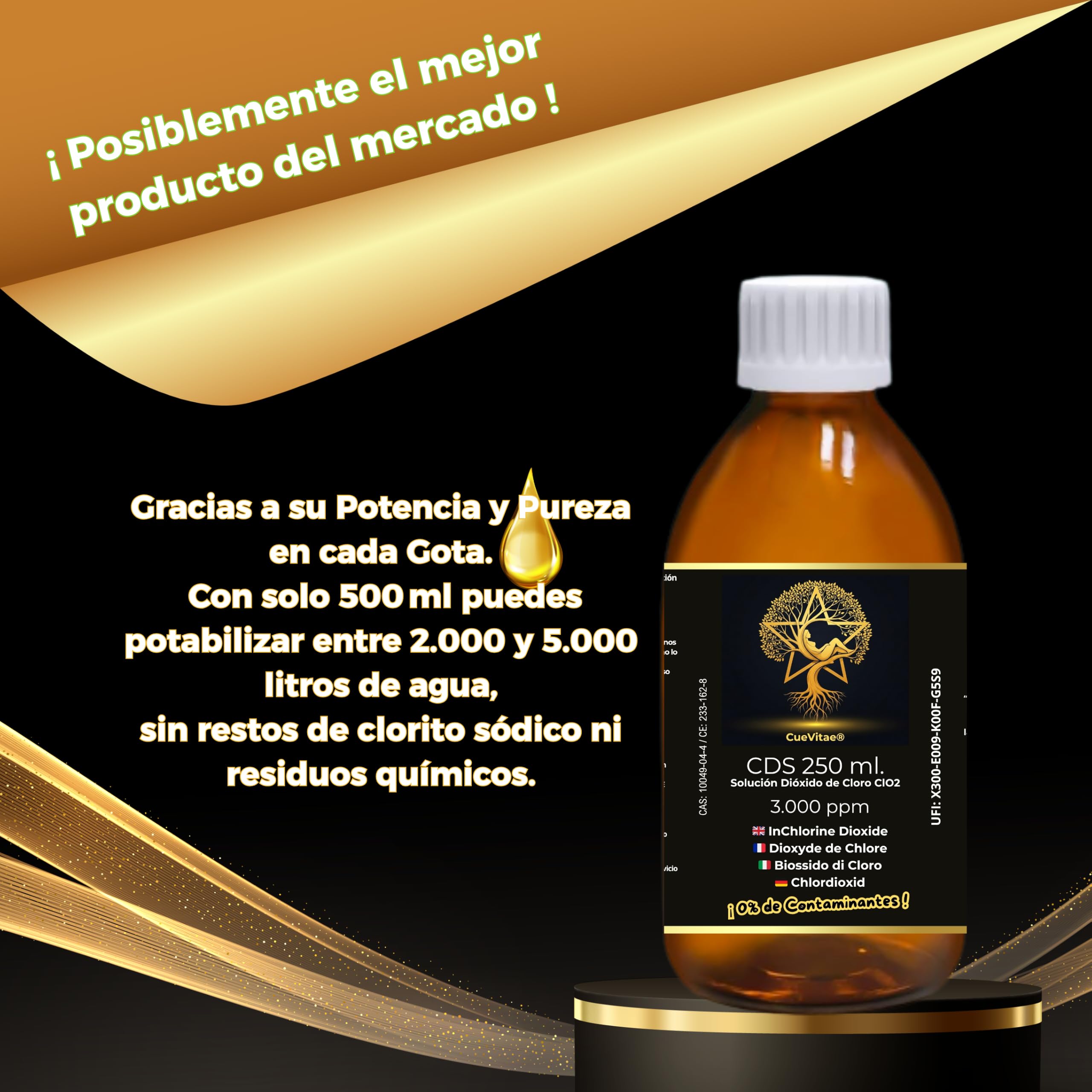 CDS 0,3% 2x250 ML | Solution aqueuse de dioxyde de Chlore | Verre | Biocide technique TP5 exclusif traitement d'eau. Lot 2 récipients verre ambré anti-UV avec équipement volumétrique.