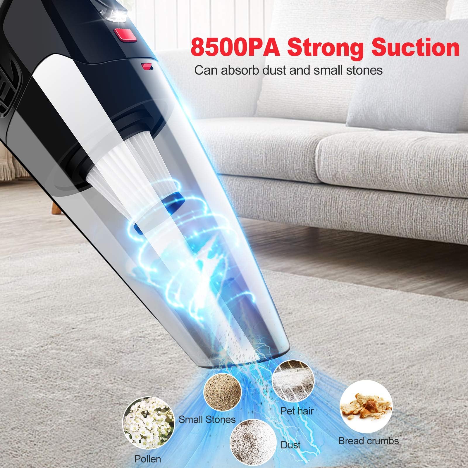 Aspirabriciole Senza Fili 8500PA Aspirapolvere Portatile Potente Aspirapolvere Ricaricabile Filtro HEPA Aspirabriciole con Illuminazione a LED Umido e Secco per Casa Ufficio Auto
