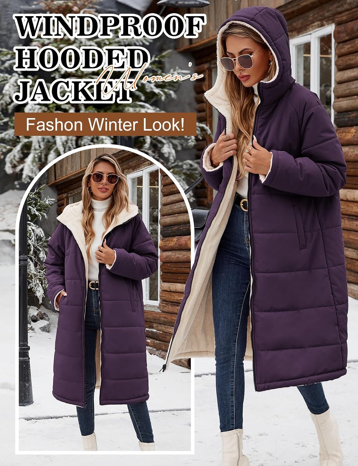 Yusongirl Women's Reversible Long Winter Puffer Coat with Hood and Fleece