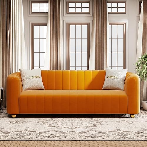 Miniatura 10 de KEAI - Sofá de terciopelo de 83.46 pulgadas para sala de estar, sofá grande y moderno con patas de esfera de metal dorado, tapizado para oficina,