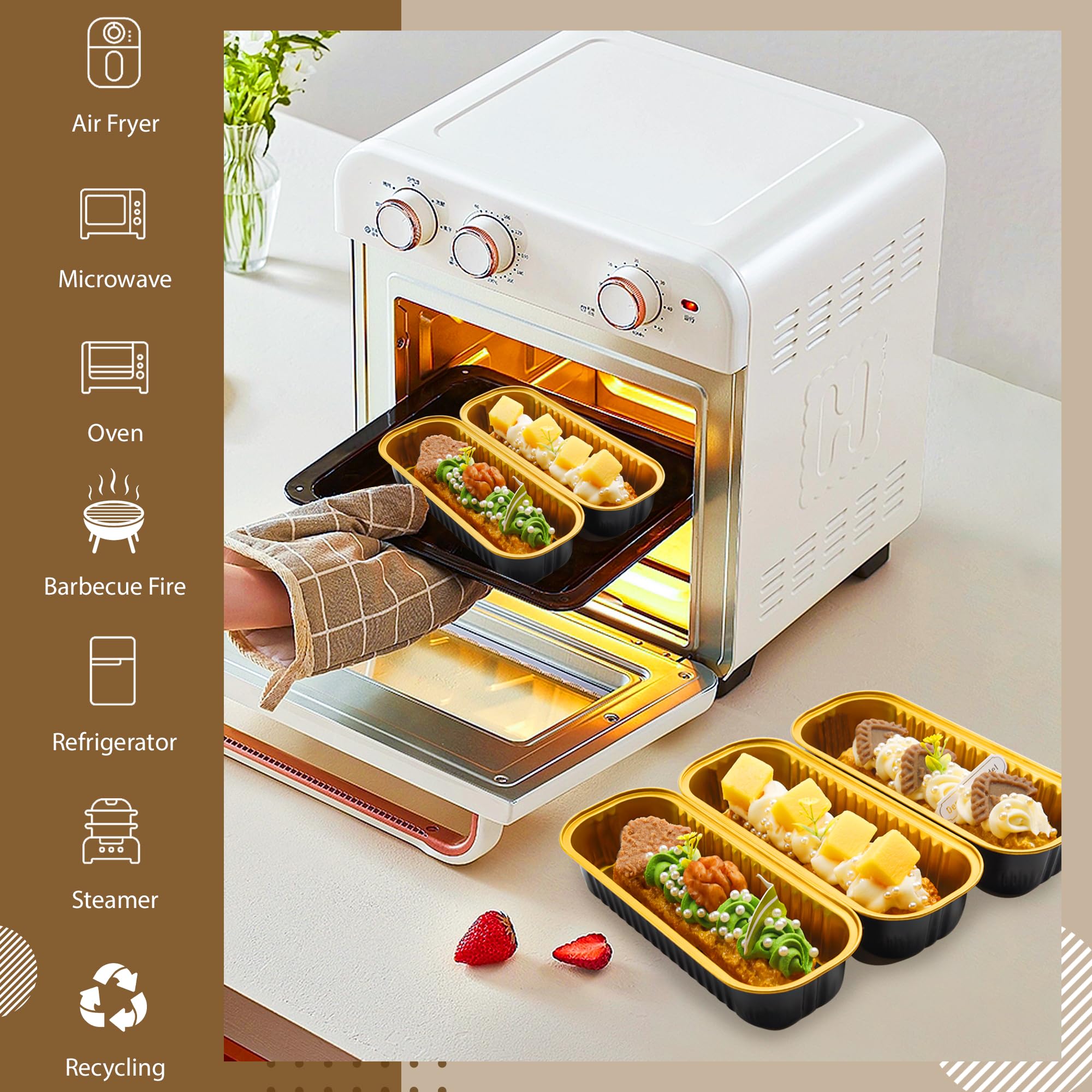 Paquete de 100 mini moldes para pan con tapas, rectangulares, individuales, de papel de aluminio, para grandes reuniones, picnics, vacaciones, fiestas (negro dorado, 192.8 g)