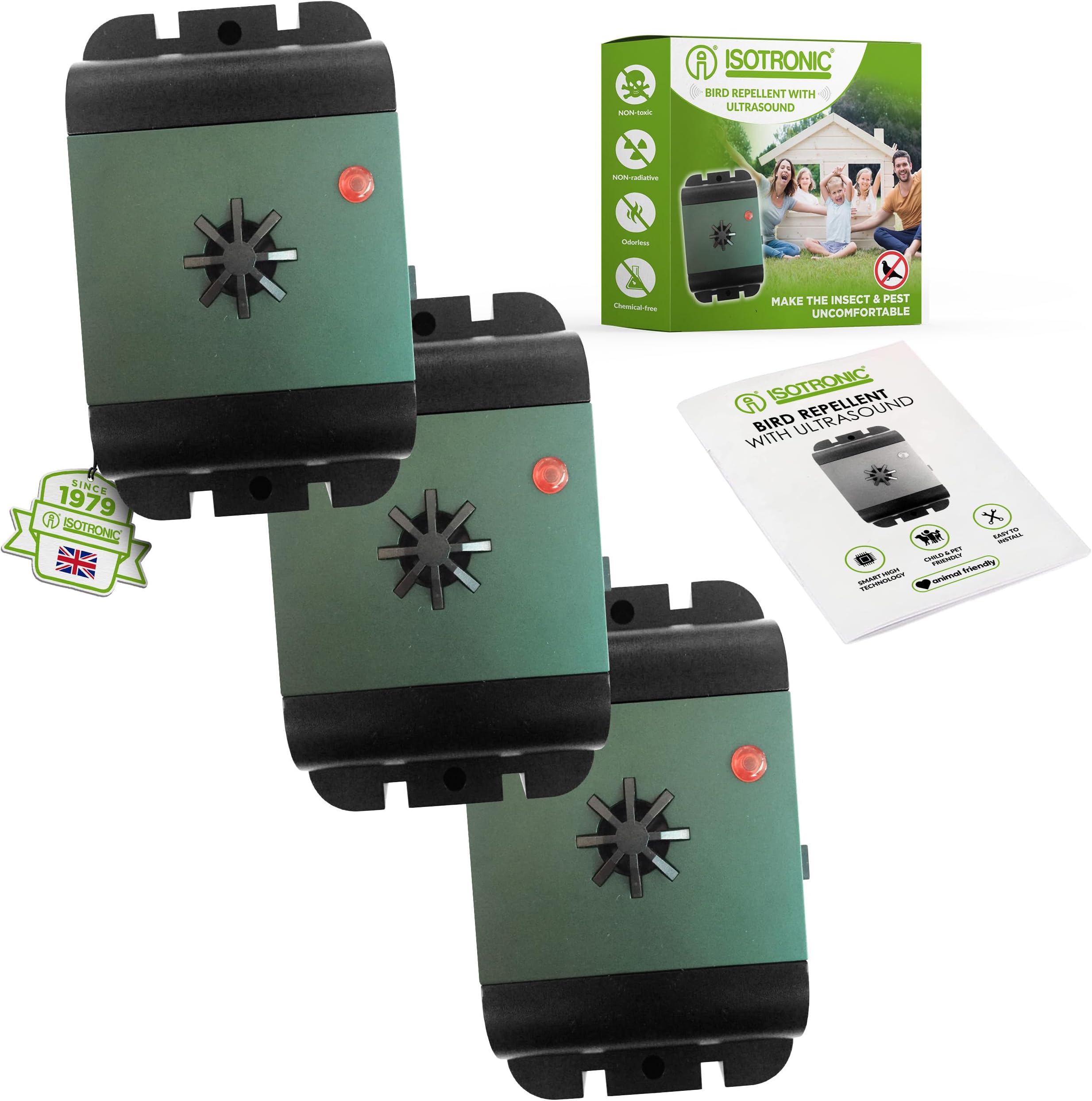 ISOTRONIC® Ultrasonic Bird Repeller device, Battery powered portable Bird Deterrent, Pack of 3 Pcs.