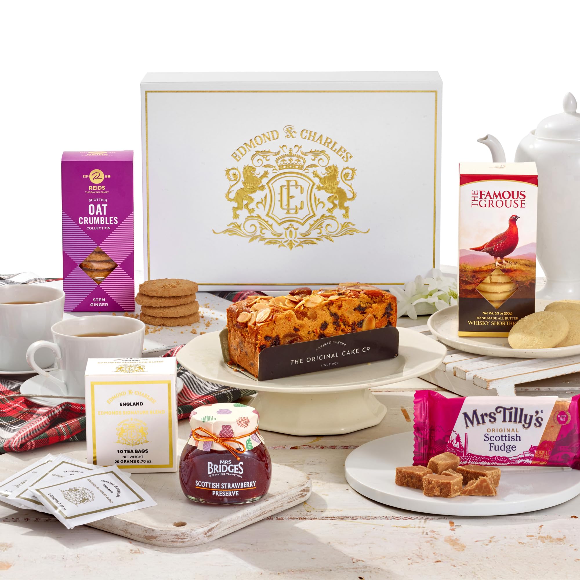 Edmond & Charles Luxury Scottish Afternoon Tea Hamper | Gift Box with Teas, Fruit Cake, Shortbread, Biscuits, Jam & Fudge | Hampers Presents for Women | Artisanal Birthday Treats from Scotland