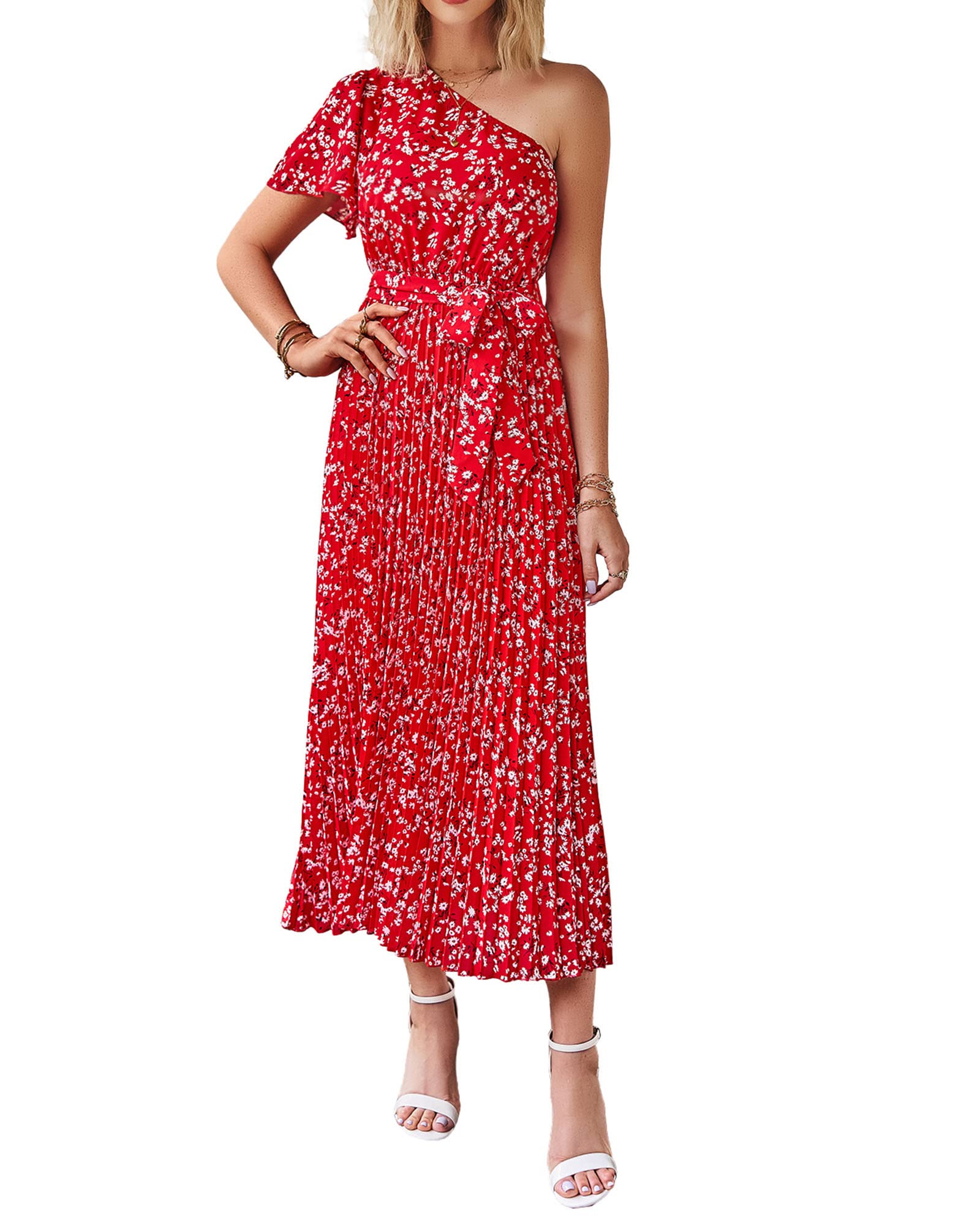 BTFBM Women's 2023 Boho Summer One Shoulder Maxi Dresses Short Sleeve Floral Solid Belted Pleated Wedding Guest Dress