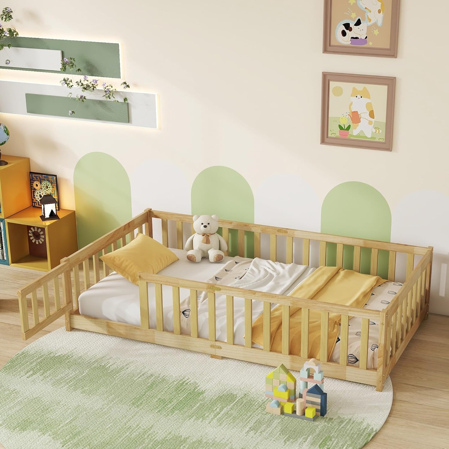 Twin Size Floor Bed for Kids, Wood Montessori Floor Beds with Fence Railings, Door & Slats Support, Twin Playhouse Bed Frame for Boys Girls, No Box Spring Needed, Natural