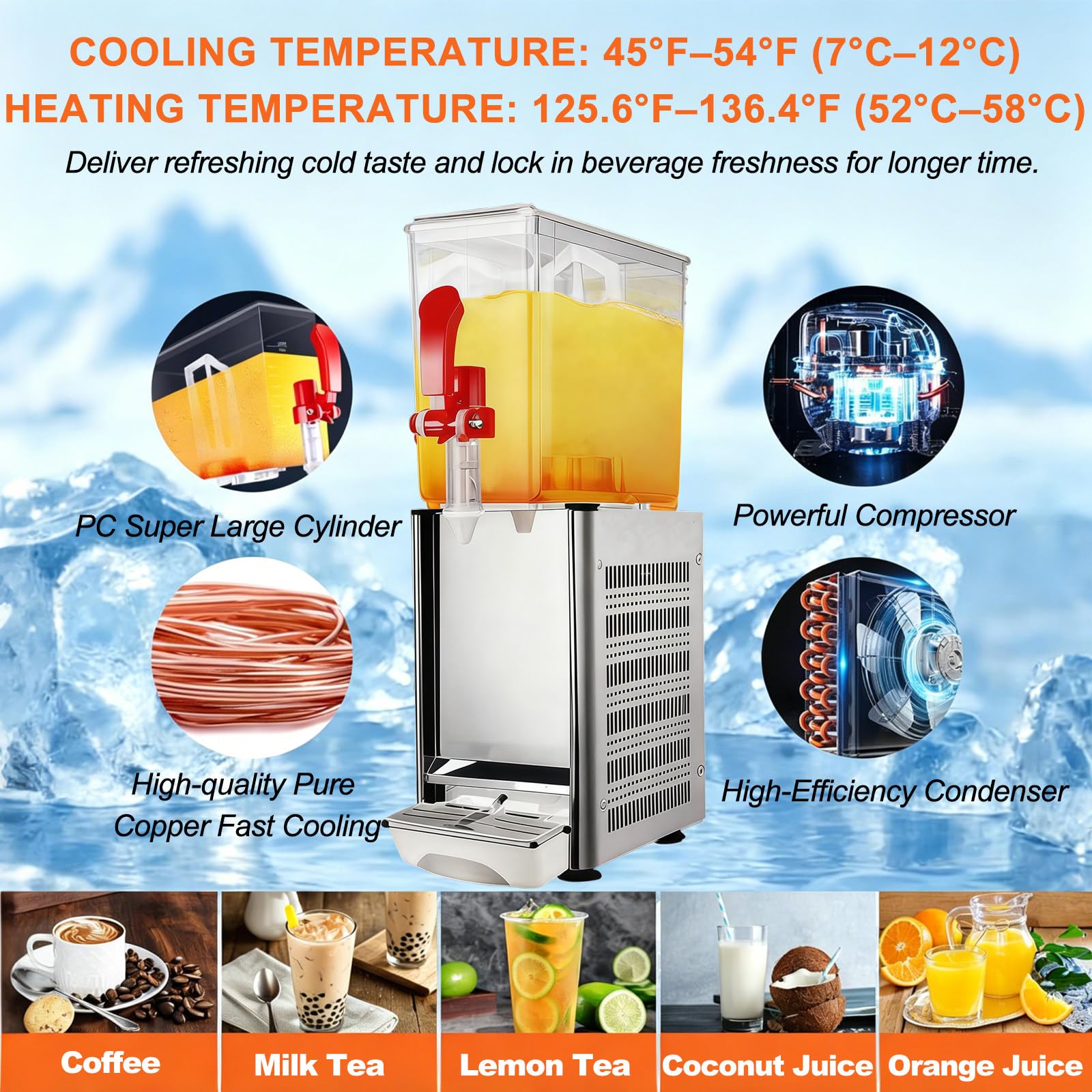 Dispensador de Bebidas Comercial, Dispensador de Zumos, 45~54℉, Acero Inoxidable, Gran Capacidad, Dispensador de Bebidas de Alta Eficiencia Para Fiestas Barbacoas Bodas WithPulp-40LHotandCold