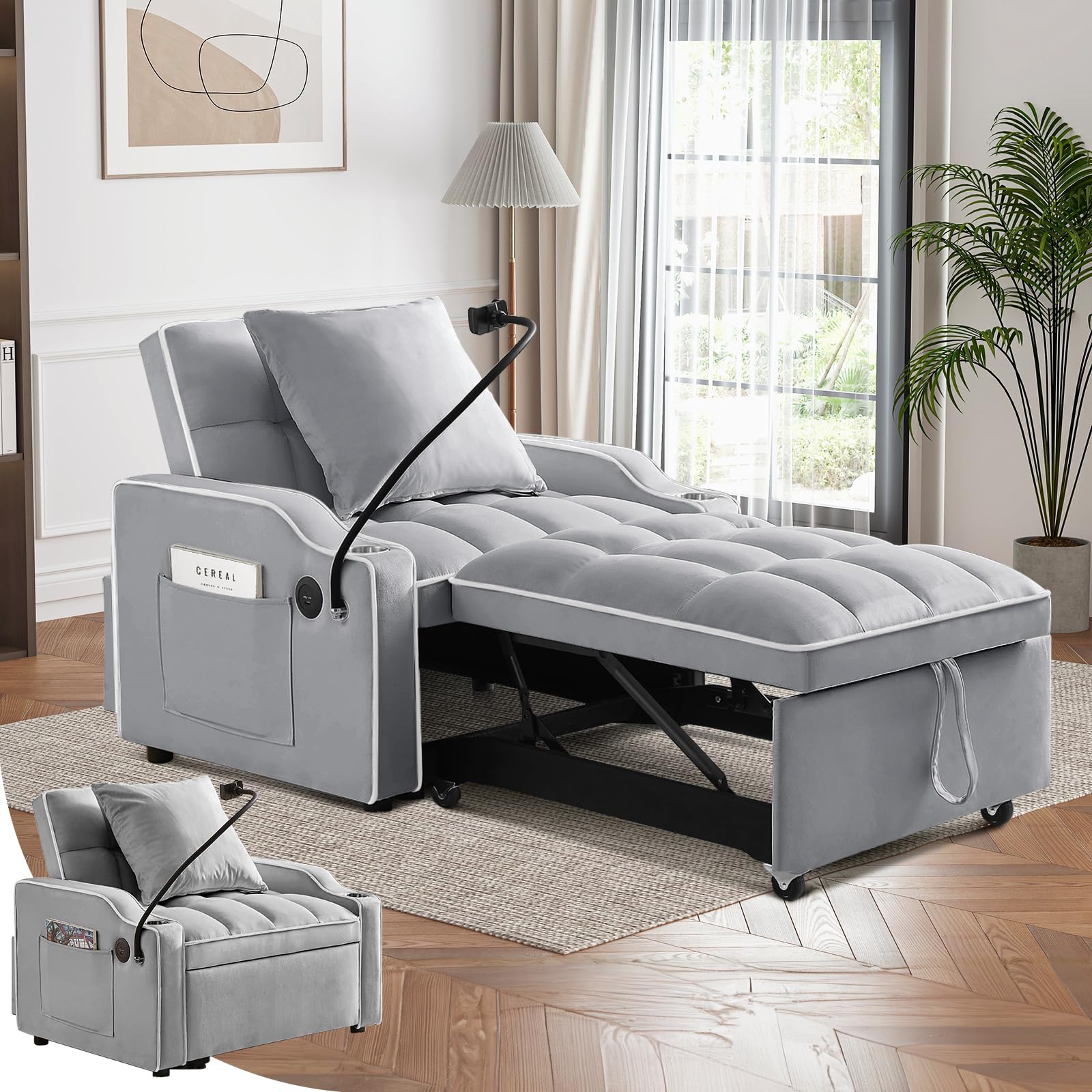 Obuvar Convertible Sleeper Sofa Chair Bed, 3 in 1 Tufted Velvet Pull Out Sleeper Chair with Adjustable Backrest & Phone Holder, Modern Single Sofa