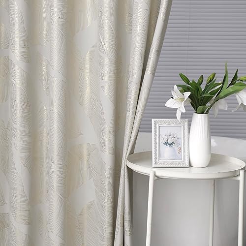 Miniatura 3 de Taisier Home Juego de cortinas de ducha con hojas doradas metálicas impresas en tela beige grisáceo, cortina de ducha con ojales, 72 pulgadas de