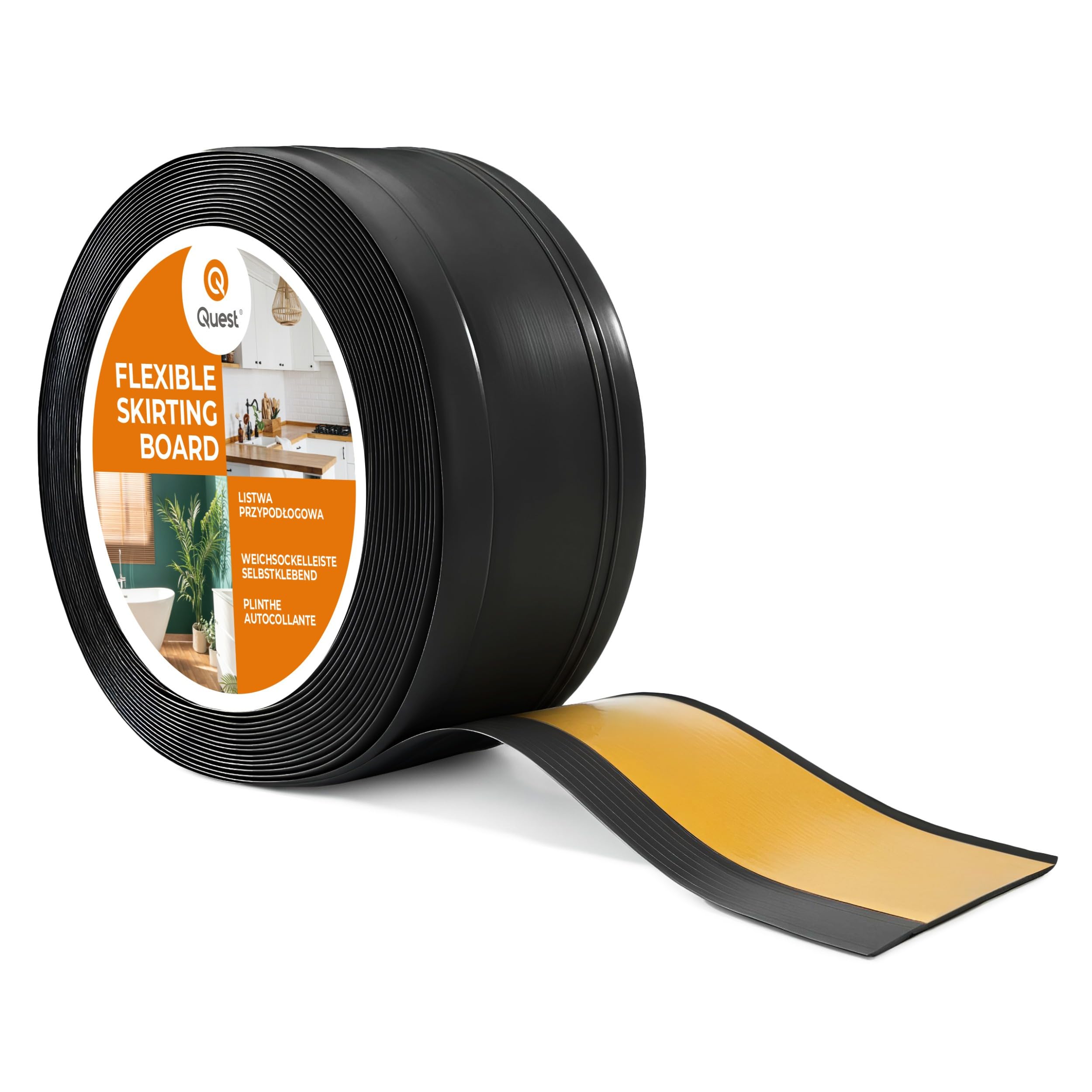 Quest Listwa cokołowa PVC 70x20 mm samoprzylepna DEKOR – czarny, 15 m | Elastyczna miękka listwa podłogowa z frezem ozdobnym, odporna na wilgoć i UV, profil przejściowy, montaż bez wiercenia