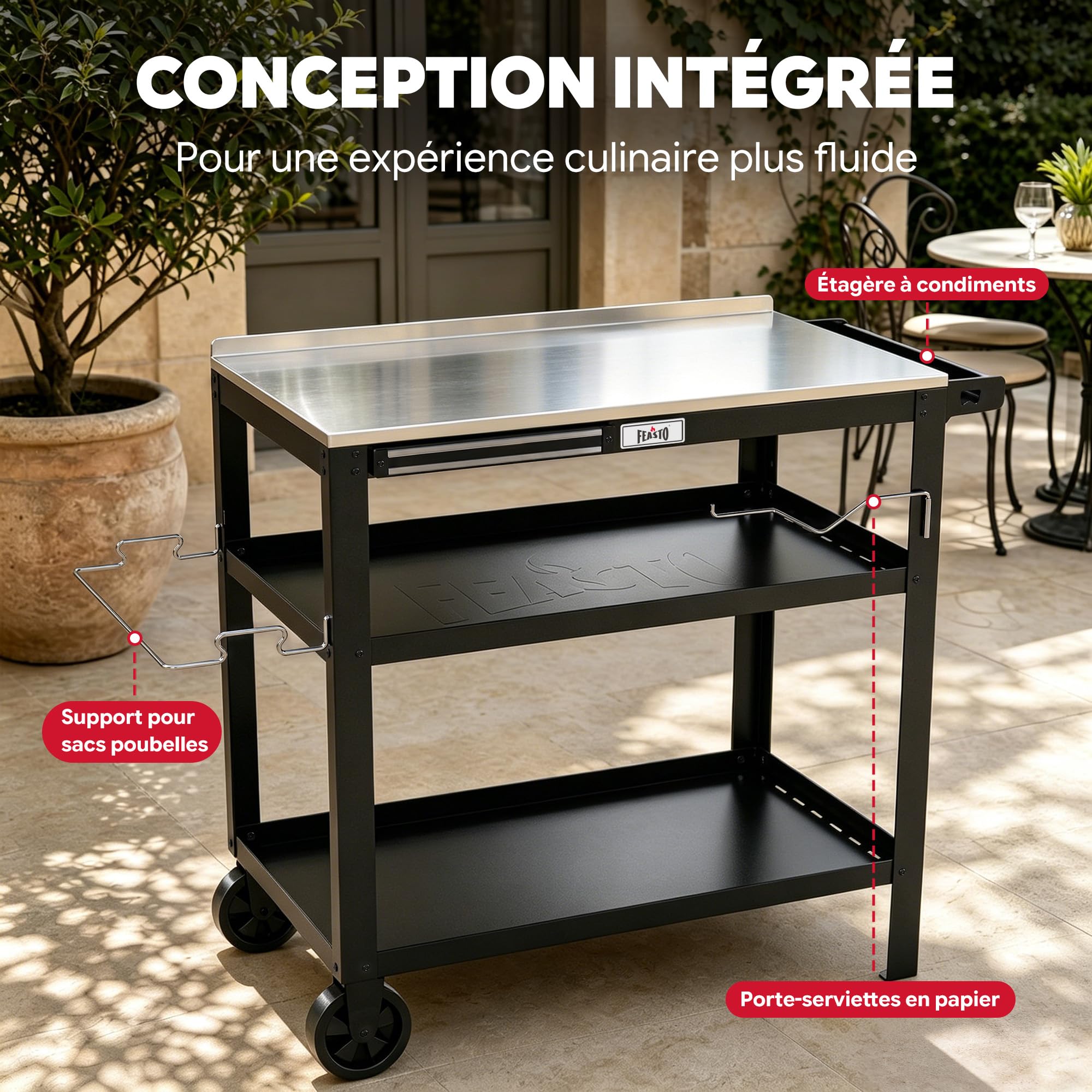 Feasto Desserte de Jardin avec Plateau en Acier INOX, Chariot pour Plancha à 3 étagères avec Barre Magnétique, Idéal pour Jardin et Terrasse, 90 x 46 x 82,5 cm