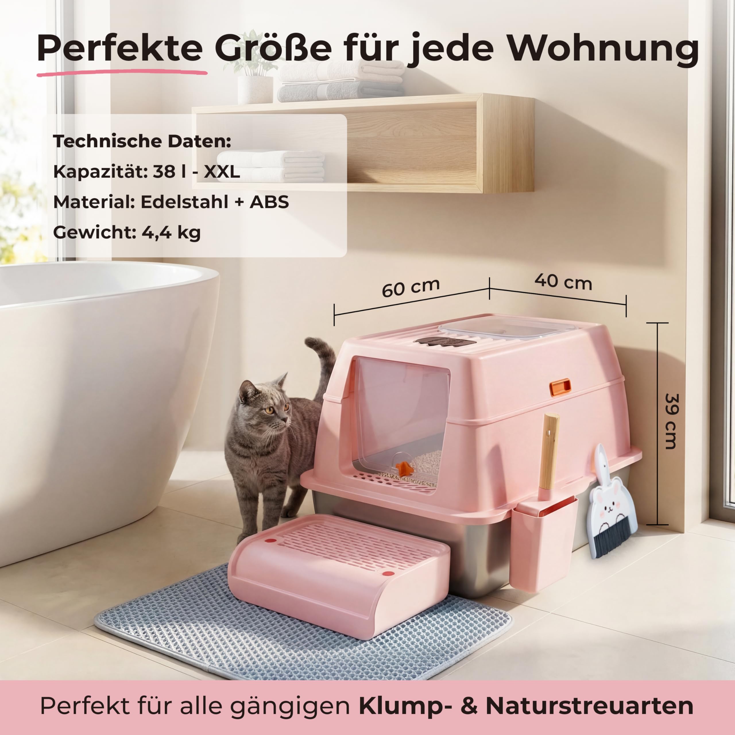 Caja de arena para gatos 3 en 1 de acero inoxidable con tapa XXL, juego completo con doble acceso, alfombrilla para gatos, pala [resistente a los olores y fácil limpieza] Inodoro
