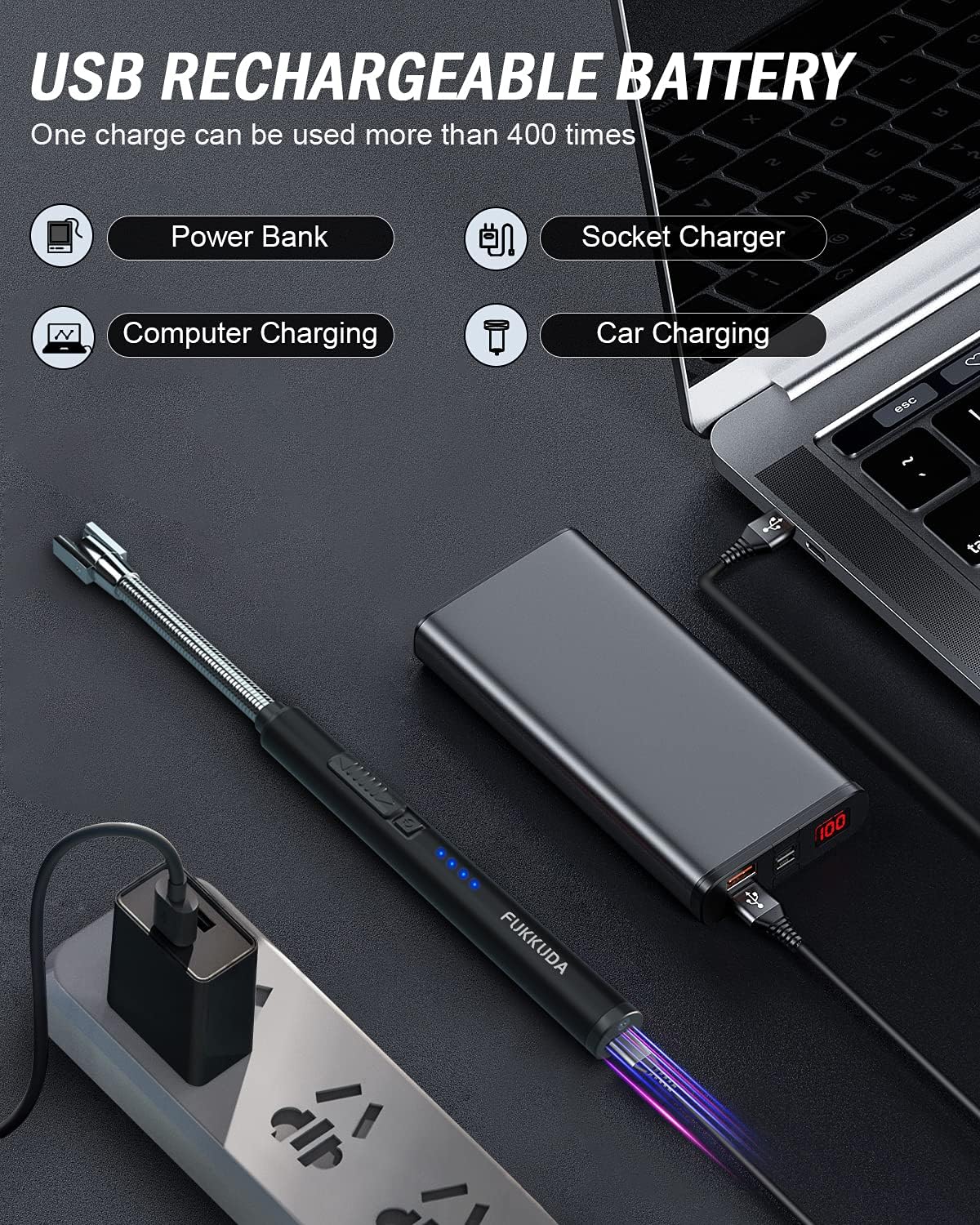 Candle Lighter Electric Arc Lighter with USB Rechargeable Battery Plasma Flameless & Windproof Lighters Double Safety Switch (Obsidian Black)
