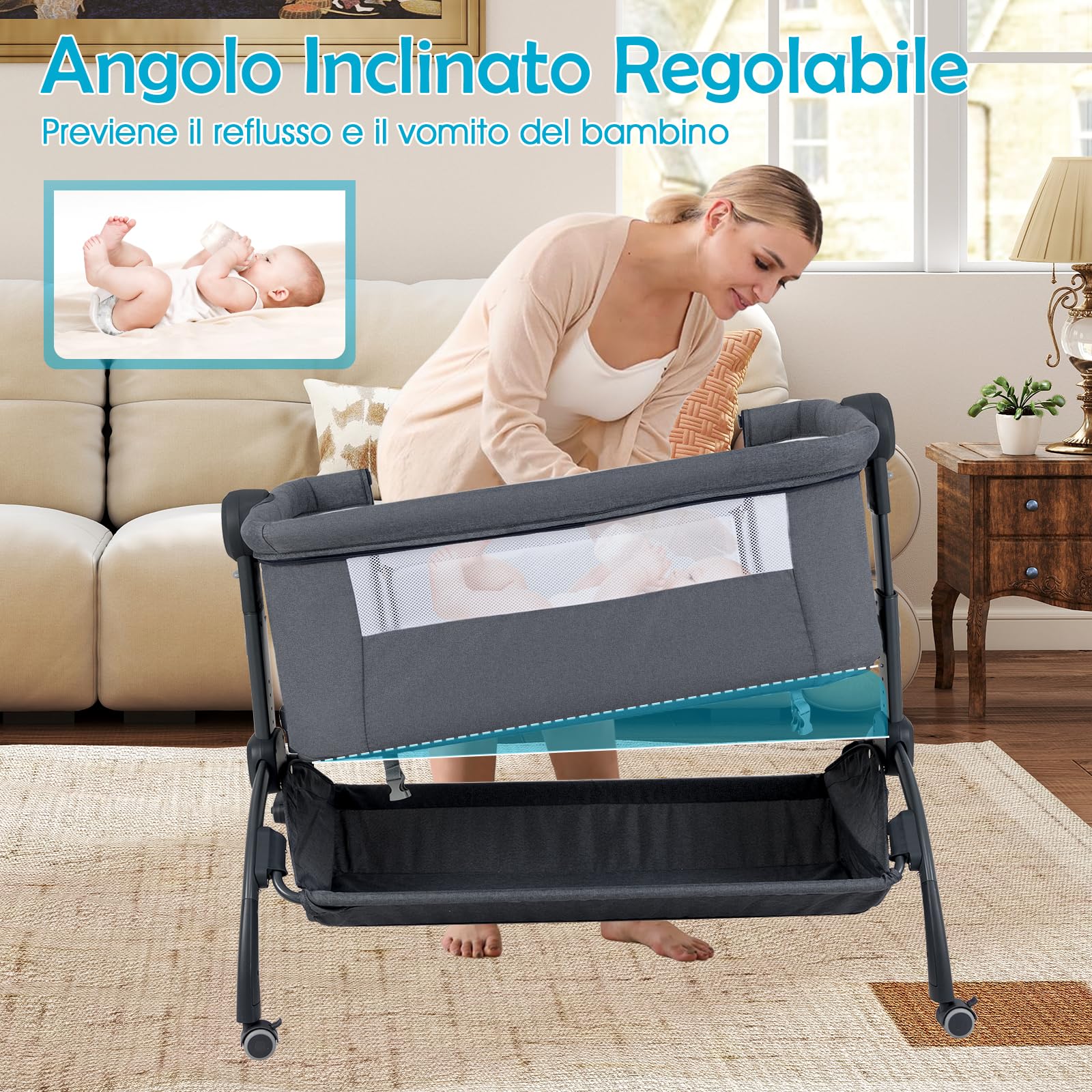 COSTWAY Culla Neonato, Culla Co-Sleeper Regolabile in Altezza a 7 Livelli, Ruote Bloccabili, Cesto Portaoggetti, Materasso e Baldacchino, Lettino Portatile e Pieghevole per Neonati 0-6 Mesi (Grigio)
