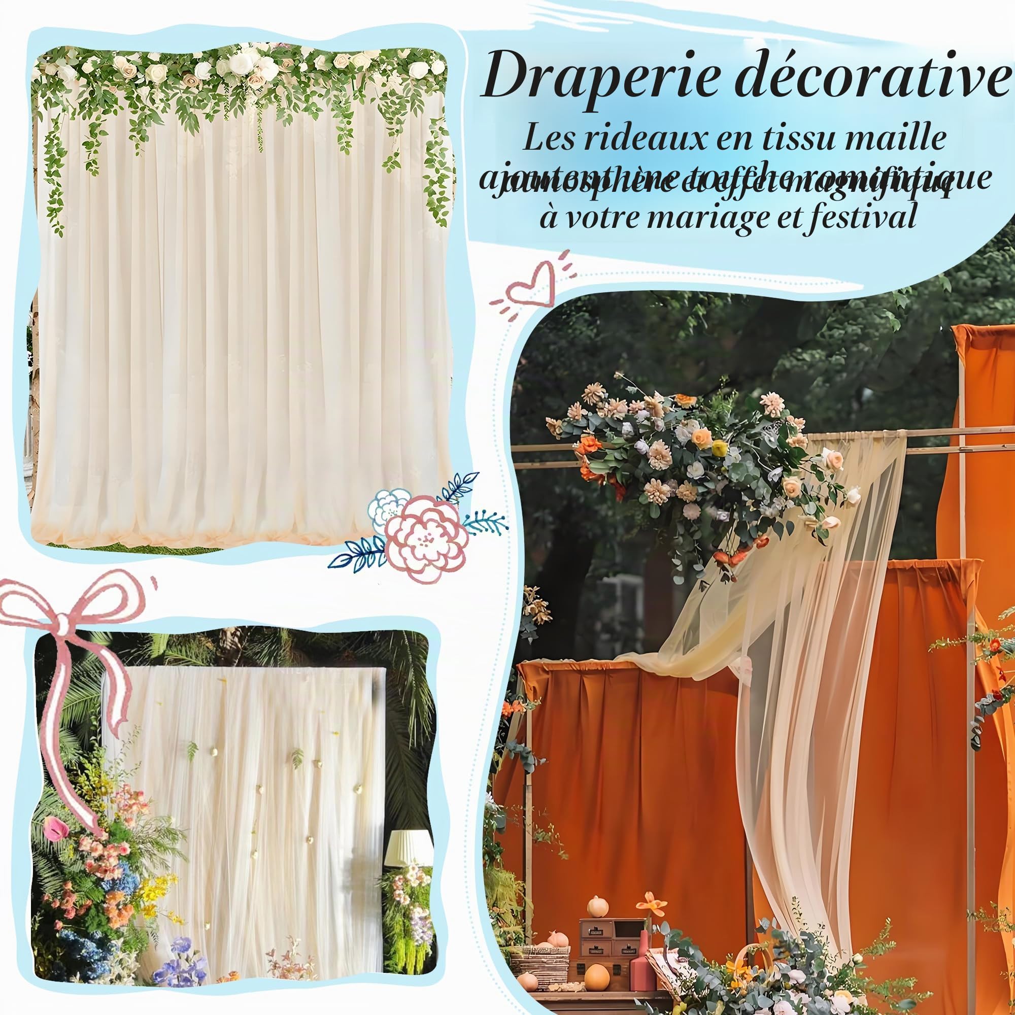 0,75 x 8 M Mariage Arche Tenture, Mariage Decor pour Arche de Mriage de pour Décoration Toile de Fond Rideau de Gaze de Fenêtre Voile Draperie Transparent Tulle, 1 Pièce (Ivoire, 0,75 x 8 m)