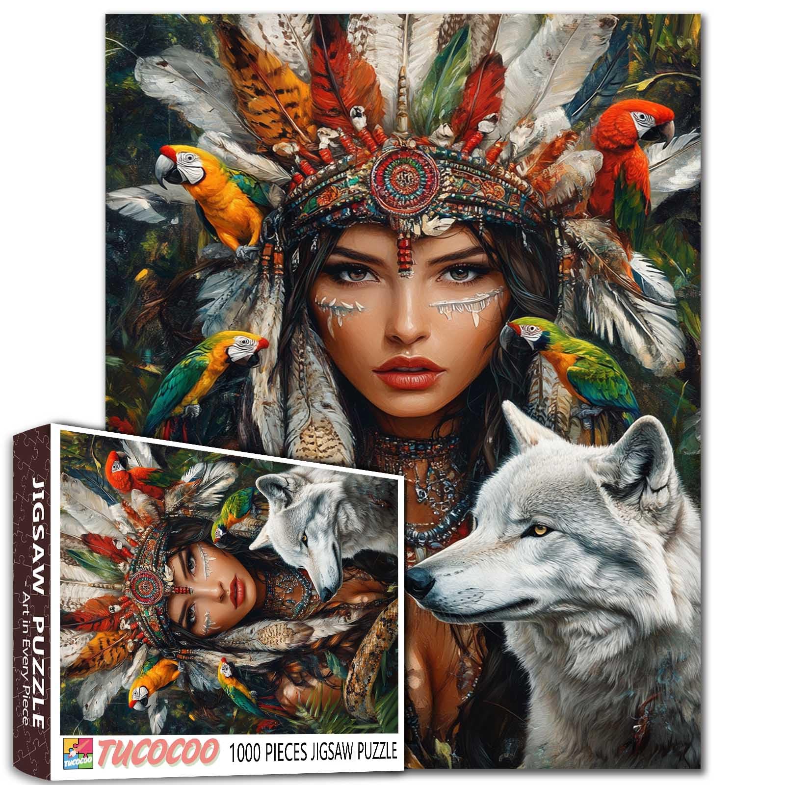 African American Woman and Wolf Jigsaw Puzzle 1000 Pieces for Adults, Colorful Jungle Animals Vibrant Rainforest 20''X27''Inch Beautiful Indian Tribe Puzzles Art Colorful Native American Artwork