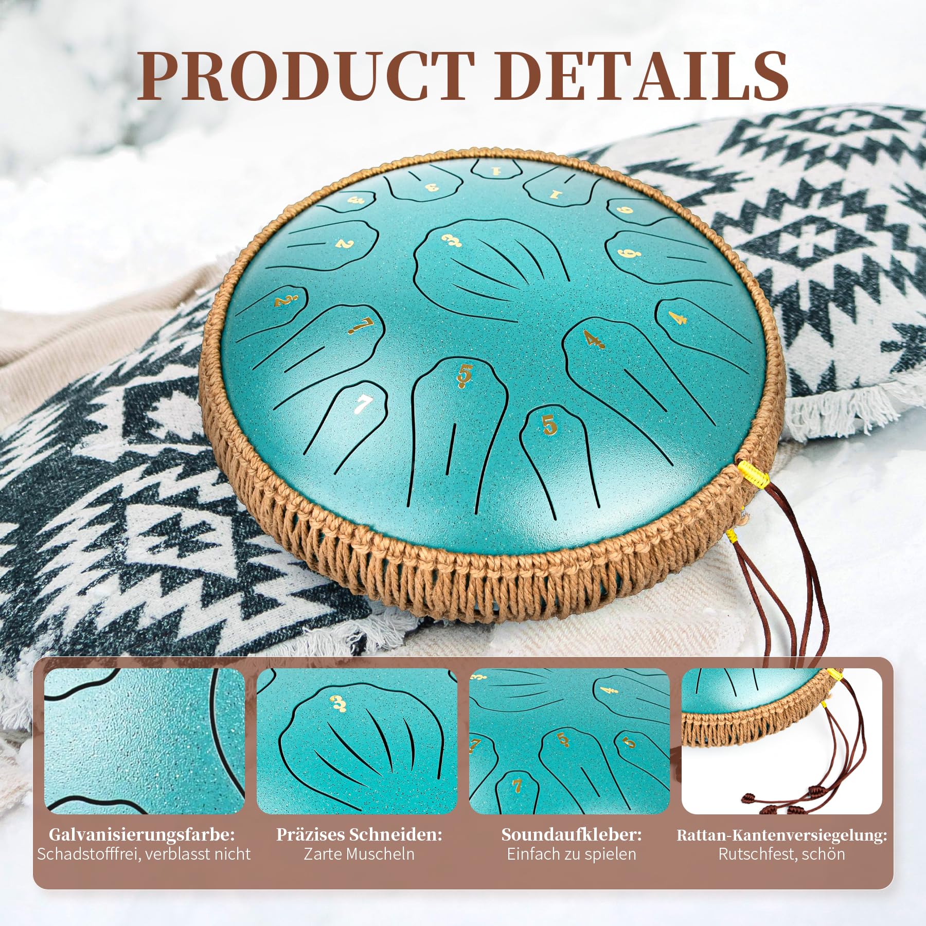 Steel Tongue Drum - 33 cm - Tambour à langue en acier à 15 tons - Instrument de musique à main pour adultes et enfants - Avec carnet de partitions, maillets et sac de transport - Do majeur - Vert