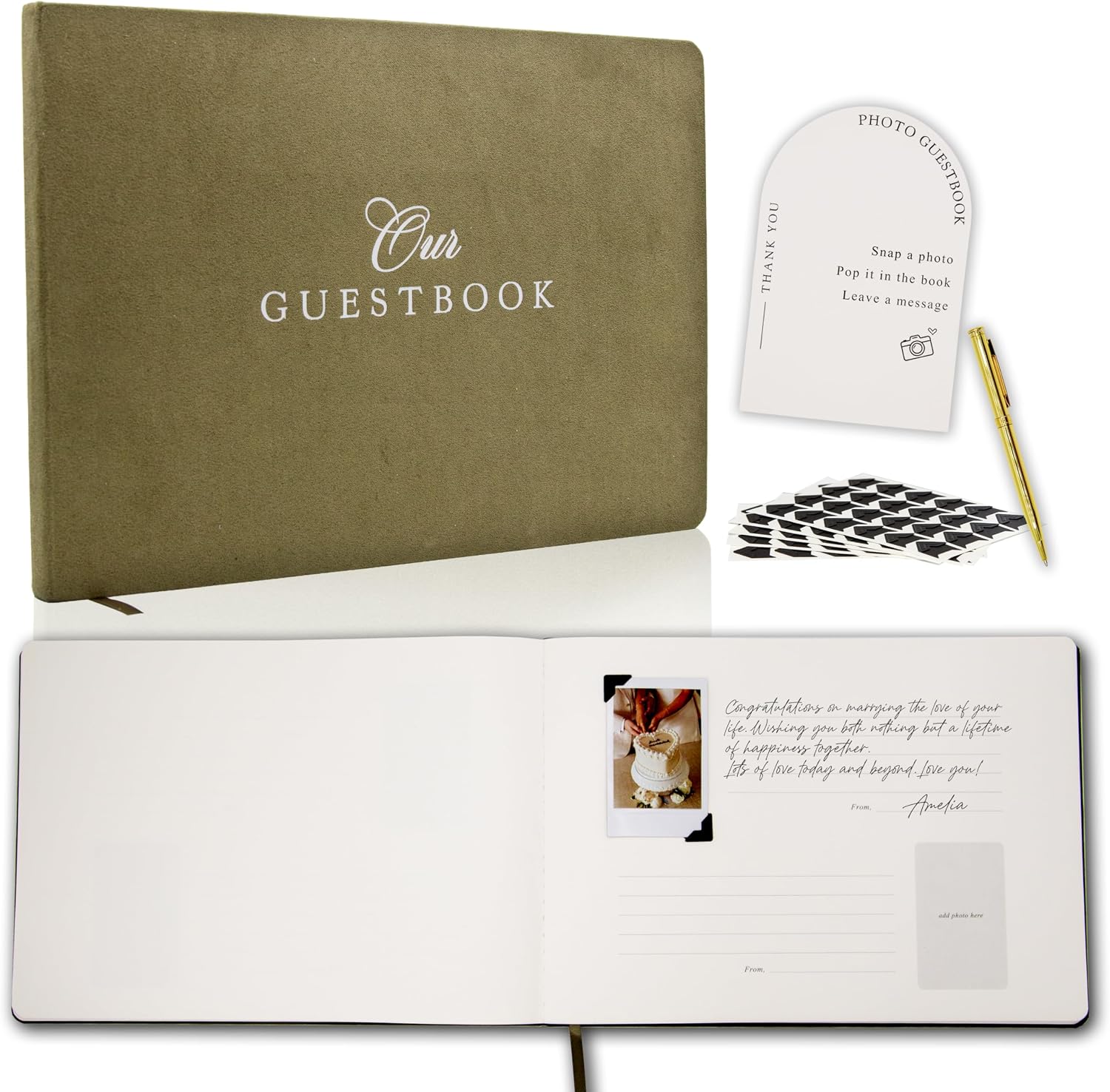 Velvet Photo Guest Book Set (Olive) - Photo Corner Stickers, Gold Pen, Sign | Green A4 Hardcover 11.5 x 8.5 Memory Book | Our Guestbook | Engagement Bridal Shower Wedding Ceremony Reception Keepsake
