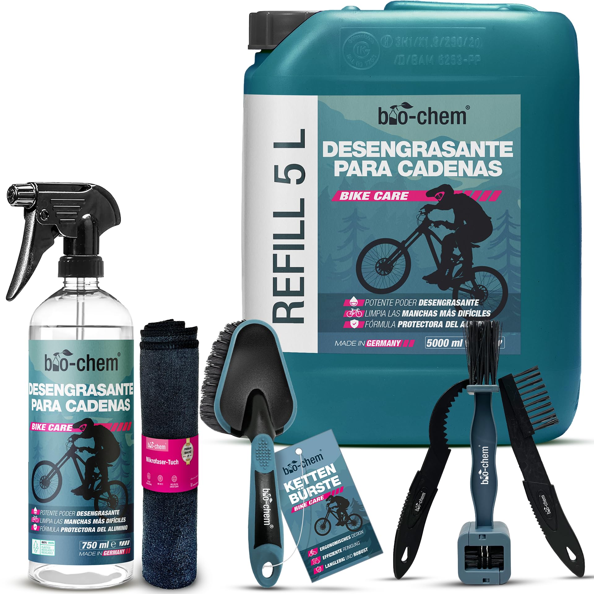 bio-chem Limpiador de cadenas de bicicletas 5L + 750ml + accesorios | Desengrasante para la limpieza grasa bicicleta - Cadenas de bicis de carretera y de montaña