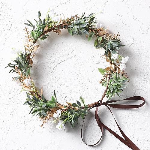 Miniatura 5 de KorViSHOW Cute Sweet Flower Crown - Golden Green Leaves White Babys Breath Flower Headband Princess Flower Crown for Birthday Party Prom Wedding