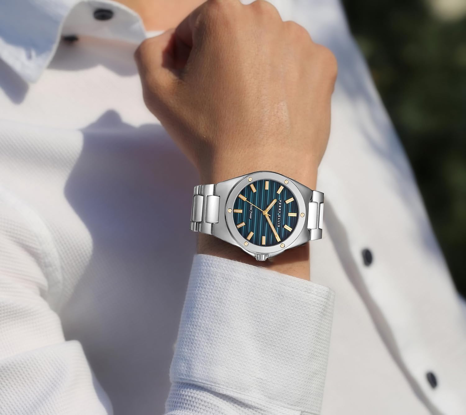 Perry Ellis Solar Powered Mens Watch | Alloy Bracelet | Water-Resistant Analog Wrist Watches for Men | 42mm Case | Relojes para Hombres | Elegant Gift for Man