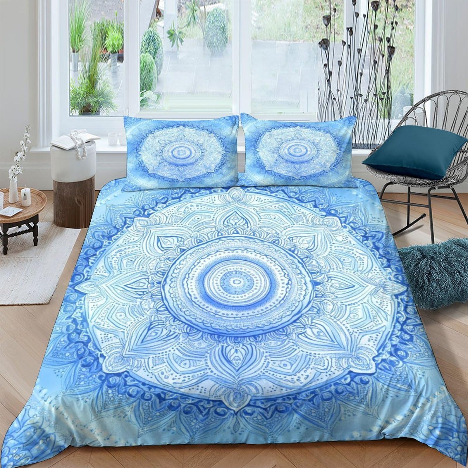 Ctjqhvkz Style-2 3D Printed Blue Mandala Fitted Sheet Microfiber Soft Anti-Slip Bohemian Lotus Mattress Cover Bedroom Decor Single（135X200cm）