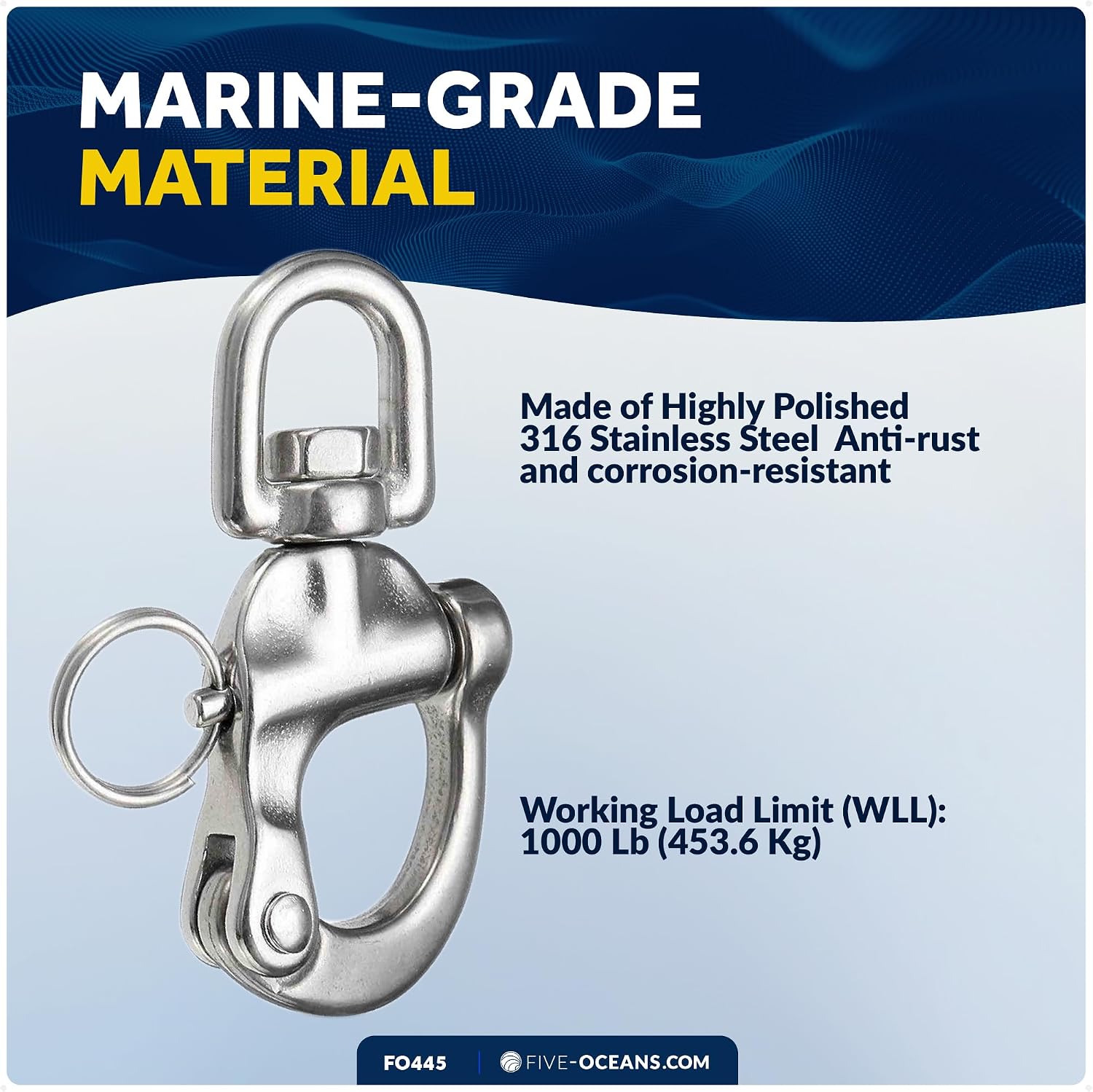 Five Oceans Swivel Eye Snap Shackle Quick Release Bail Rigging for Sailing Boat, 316 Marine-Grade Stainless Steel Clip Carabiner Hook