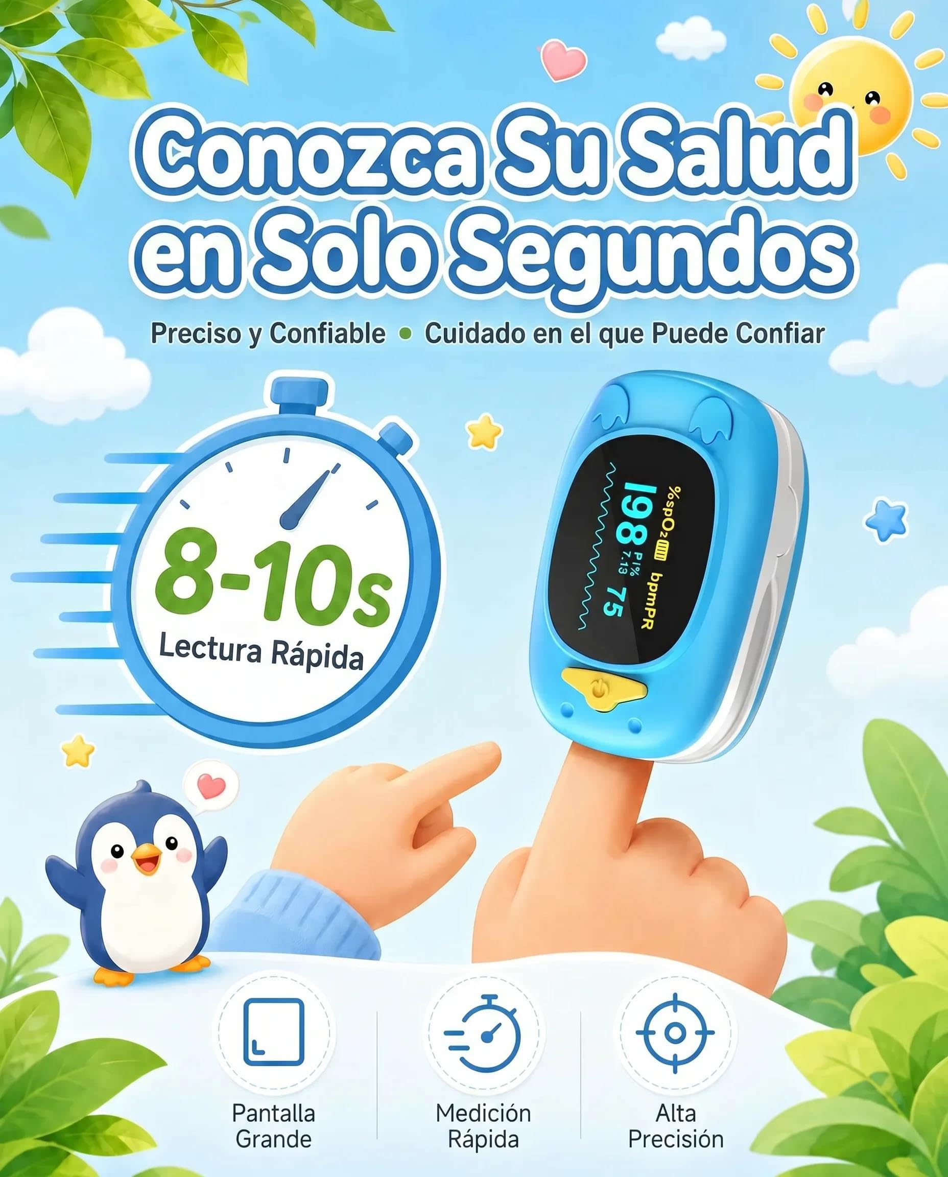 HealthTree JKS50A Pulsioximetro Pediatrico de dedo para Niños, Lectura Rápida 8-10s de Saturación de Oxígeno (SpO2), Frecuencia Cardíaca e Índice de Perfusión (PI), Pantalla OLED, Baterías y Cordón