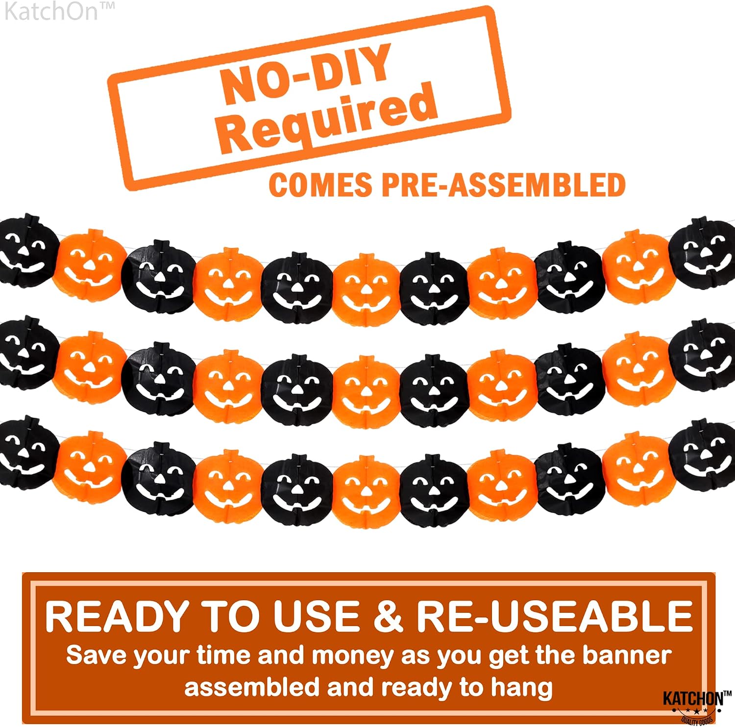 KatchOn, Long Pumpkin Halloween Garland - 10 Feet, 3 Strings, No DIY | Black and Orange Pumpkin Garland for Halloween Party Decorations