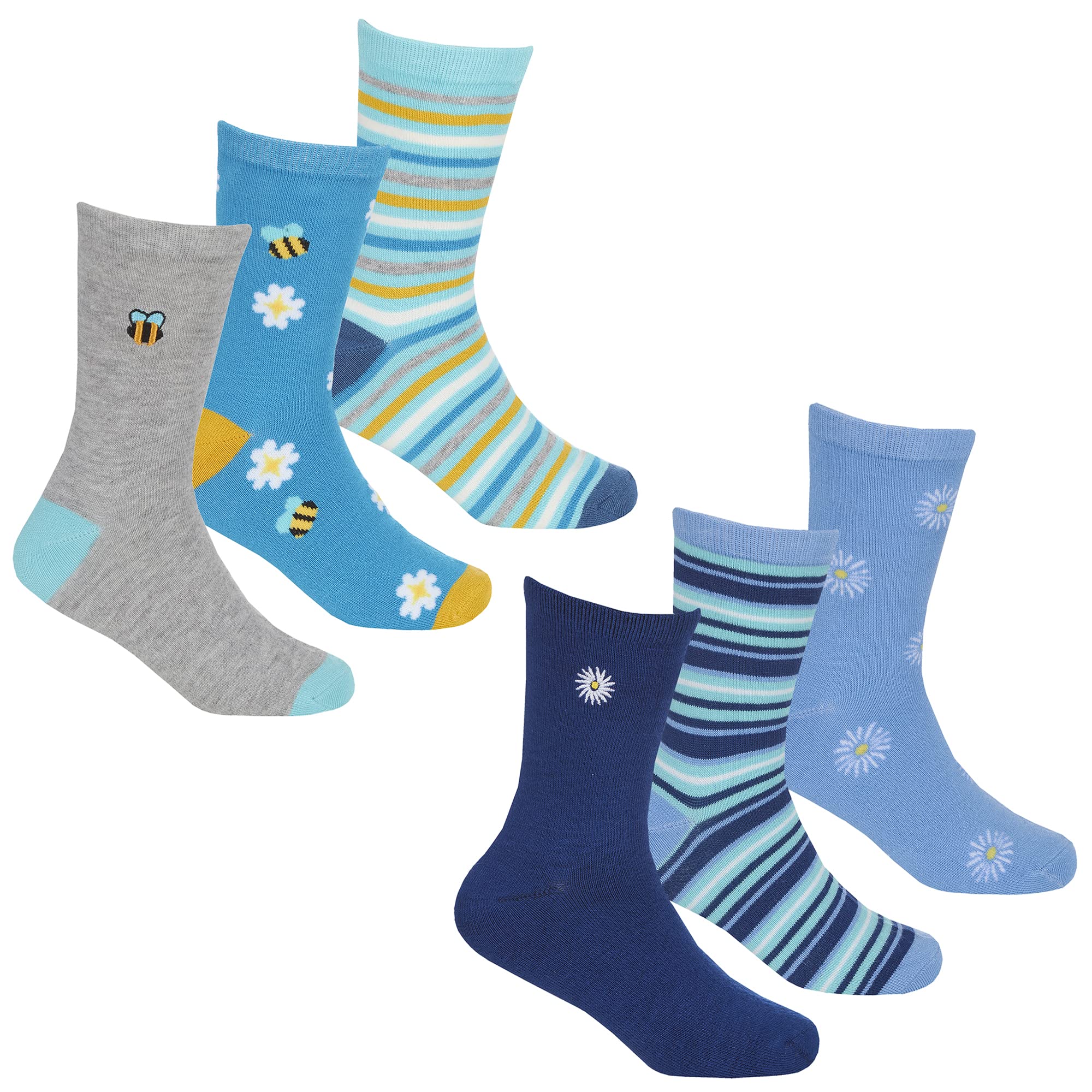 Metzuyan 6 Pairs Kids Girls Bamboo Viscose Embroidered Novelty Colourful Bees Floral Mid Calf Socks Blue Grey 4-5.5