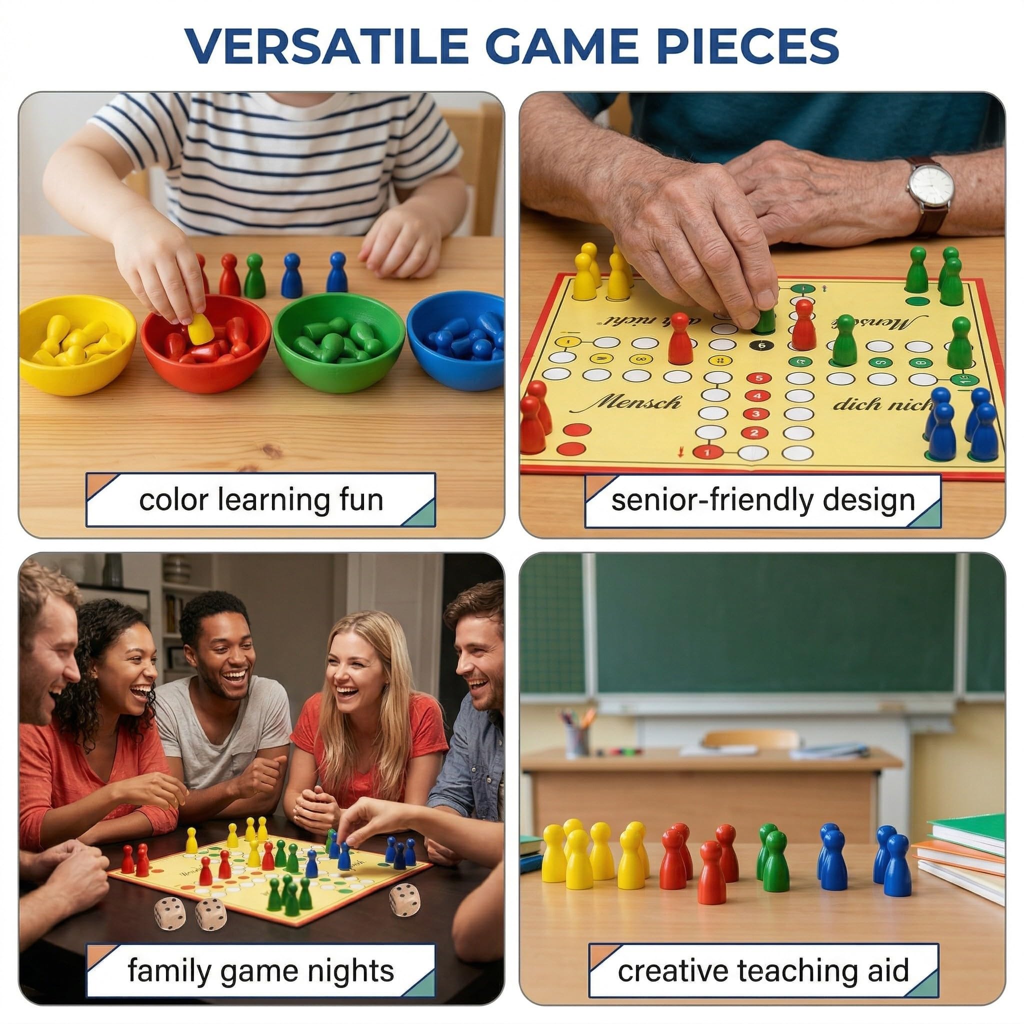 Pedine Gioco da Tavolo in Legno Colorate, 32pz Extra Grandi + 2 Dadi | Ricambio Universale per Ludo, Dama, Bambini e Anziani