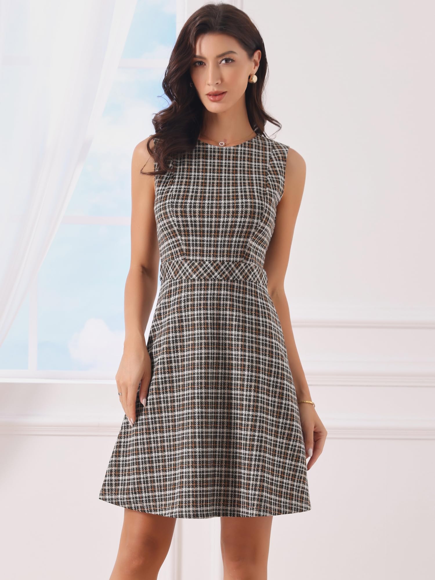 Allegra K Donna Abito Vintage a Linea con Quadri Houndstooth da Lavoro | Lunghezza sopra il Ginocchio Scollo Rotondo Anni 60 Abiti Casual Ufficio Festa di Natale
