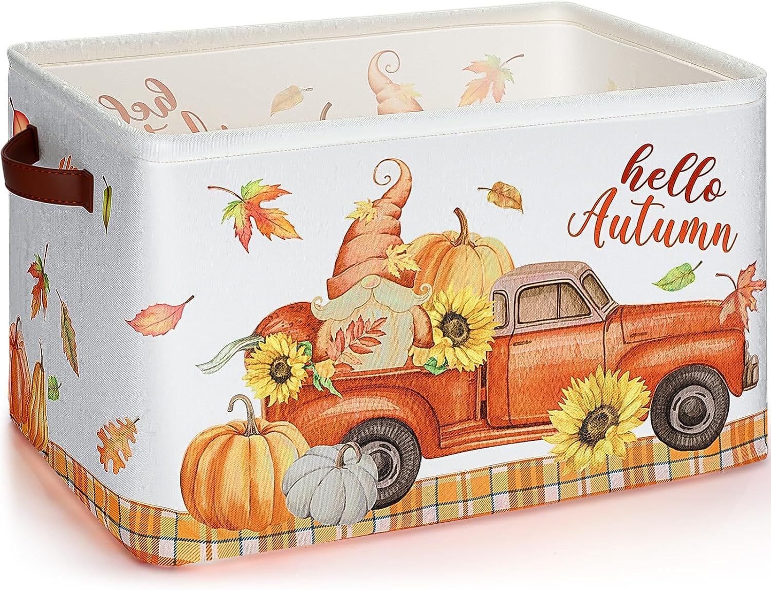 Fall Truck Basket Hello Autumn Thanksgiving Basket for Gifts Empty Fall Gnome Pumpkins Maple Leaves Bins for Clothes Toy Thanksgiving Storage Box for Home Nursery Laundry Bookshelf Organizer
