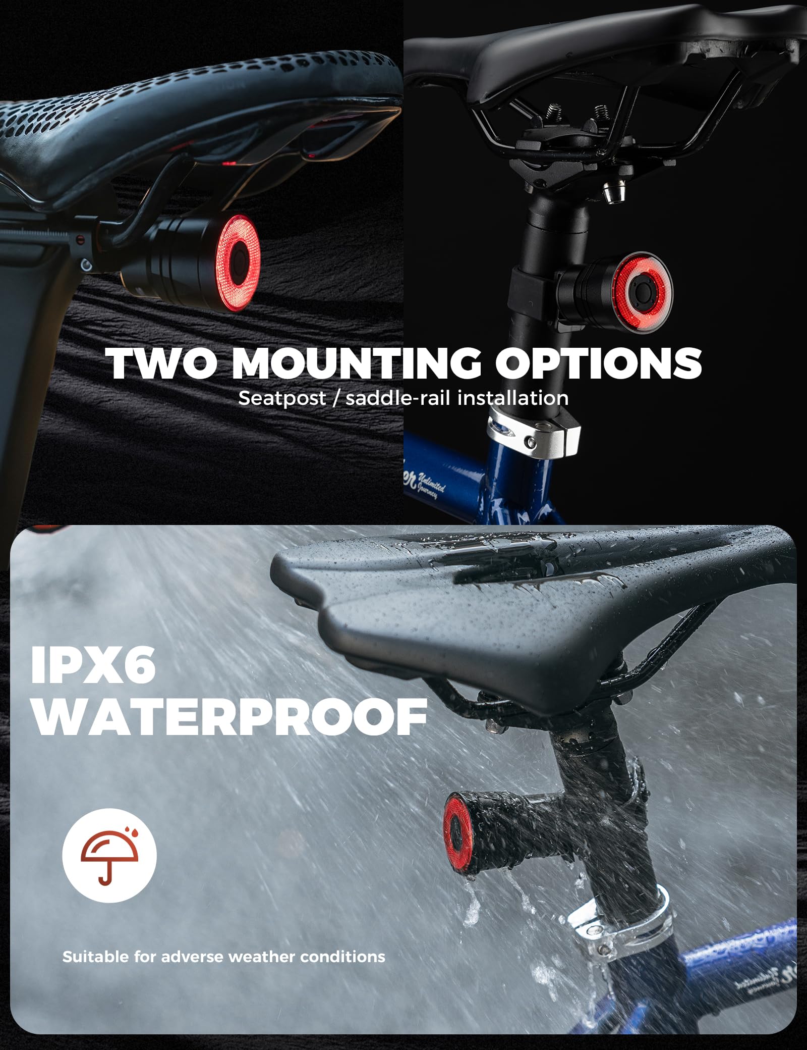 ROCKBROS Luz Trasera de Bicicleta Inteligente con Sensor de Frenado, Luz de Seguridad USB Recargable Impermeable IPX6, Aleación de Aluminio, 4 Modos de Iluminación para Seguridad Nocturna en Ciclismo