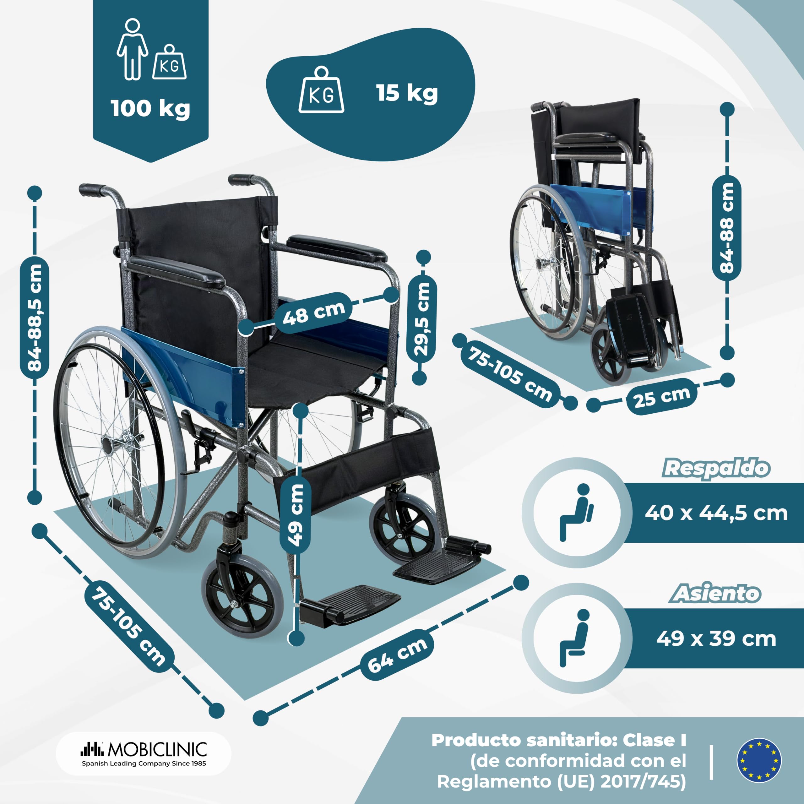 Mobiclinic®, Silla de ruedas plegable, Ligera, Alcázar, Autopropulsable, Freno estacionamiento, Asiento 46cm, Marca española, Reposapiés abatibles, Reposabrazos acolchados, Resistente