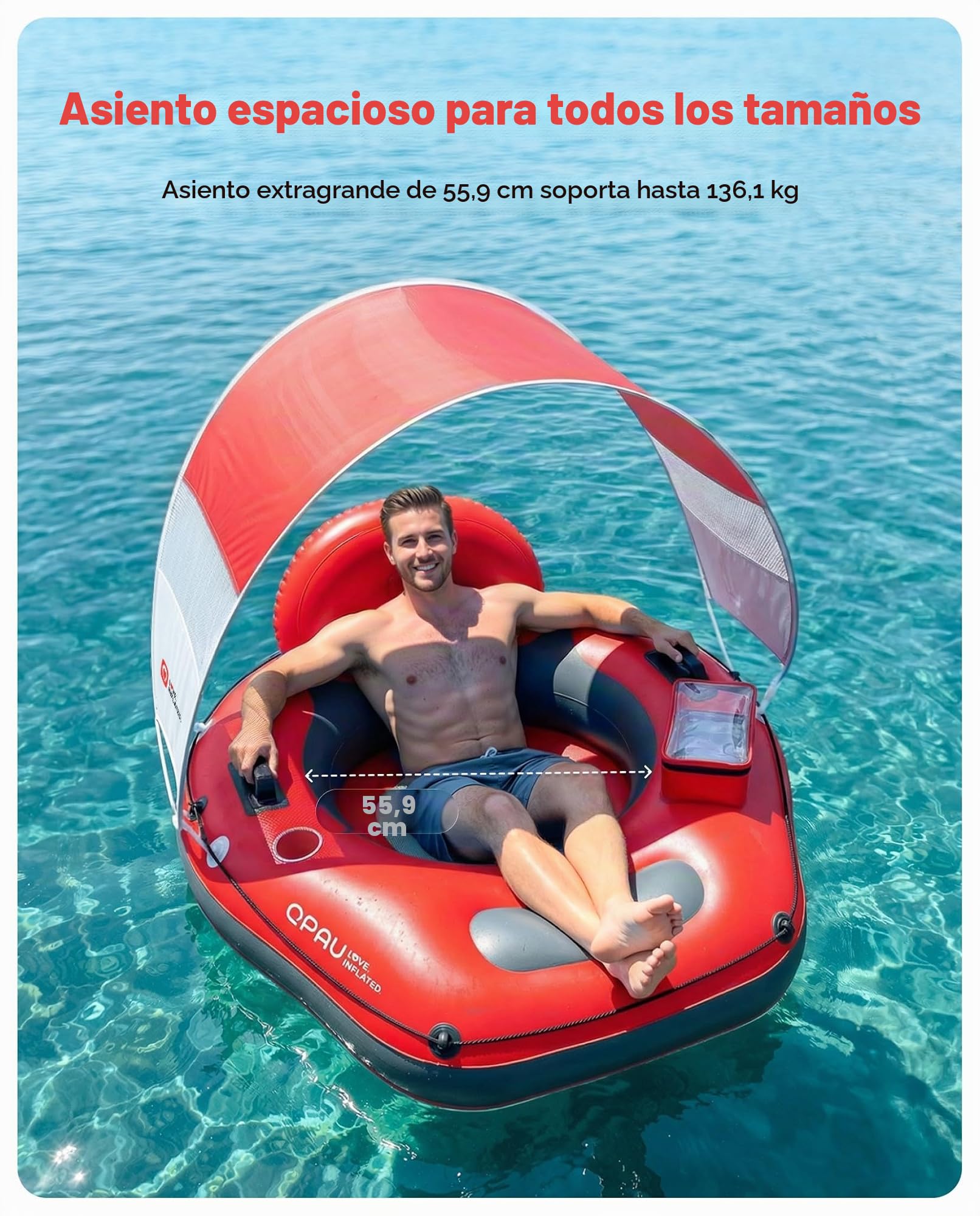 QPAU flotador de río inflable de 46 pulgadas con toldo solar extraíble, flotador resistente para adultos, reposapiernas ergonómico y respaldo, bolsa impermeable y portavasos, ideal para ríos, lagos