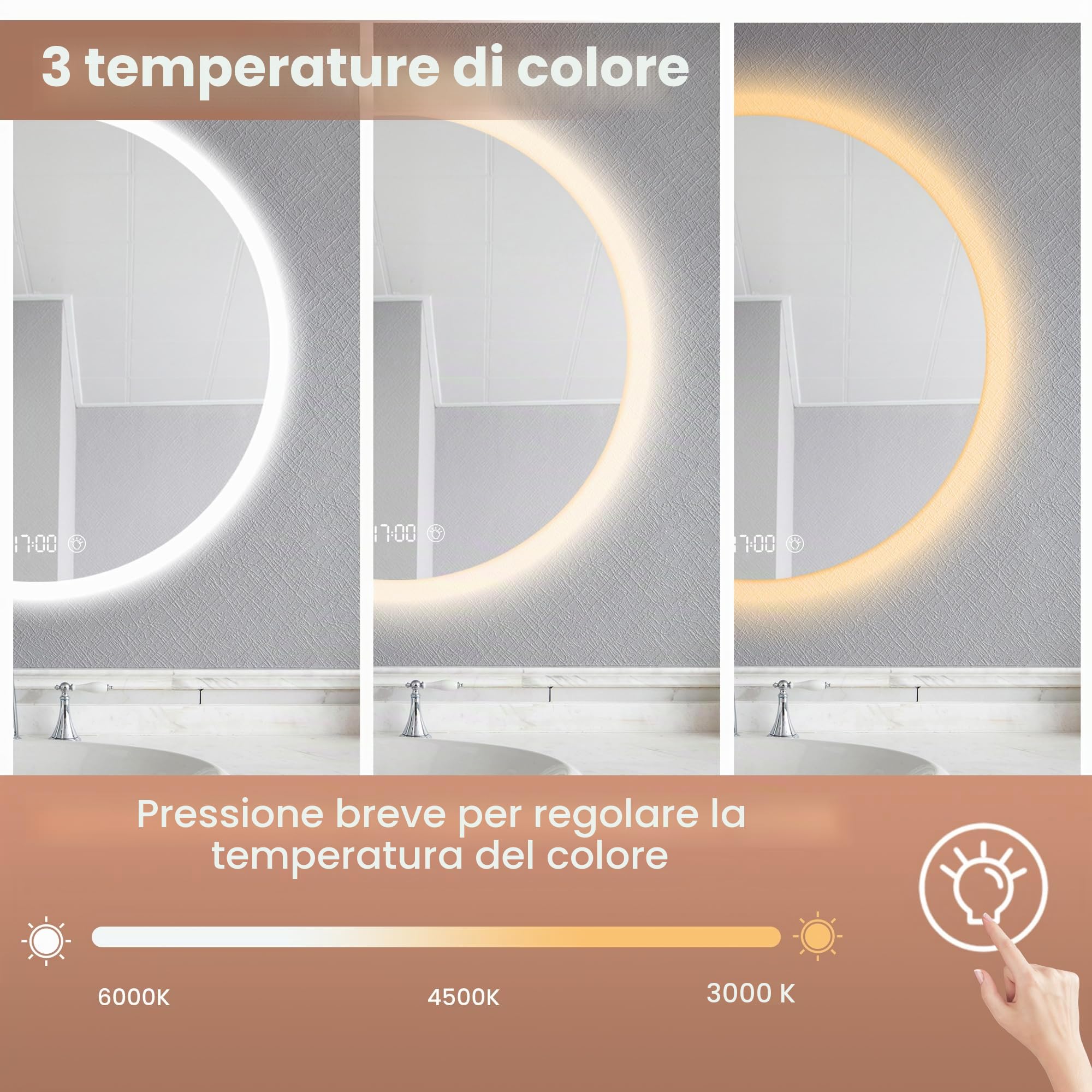 Specchio da Bagno a LED Rotondo, 70x70 cm, con Illuminazione Dimmerabile, Interruttore Touch e Funzione Anti-Appannamento, Specchio bagno con luce Bianco Caldo/Bianco Freddo/Neutro