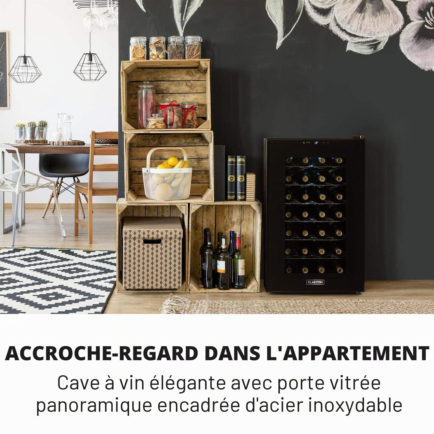 KLARSTEIN Barolo - Cave à vin, Porte en verre, Tiroirs métalliques, Eclairage intérieur LED, Facile à nettoyer, 70 litres, 28 bouteilles - Noir