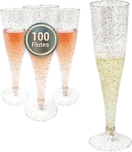 Reli. Copas de champán de plástico Paquete de 100 4.5 onzas Purpurina dorada Copas de champán de plástico premium Fiesta perfecta para