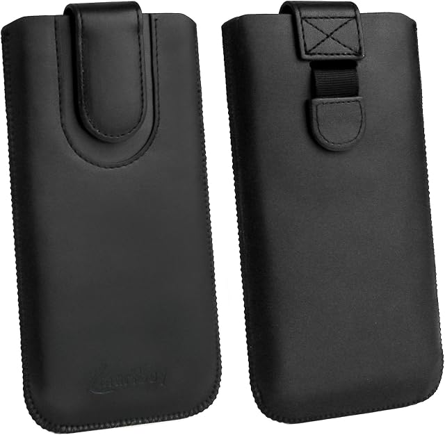 Emartbuy Black/Black Premium PU Leather Slide in Pouch Case Cover Sleeve Holder (Size LM3) With Pull Tab Mechanism Compatible With Smartphones Listed Below