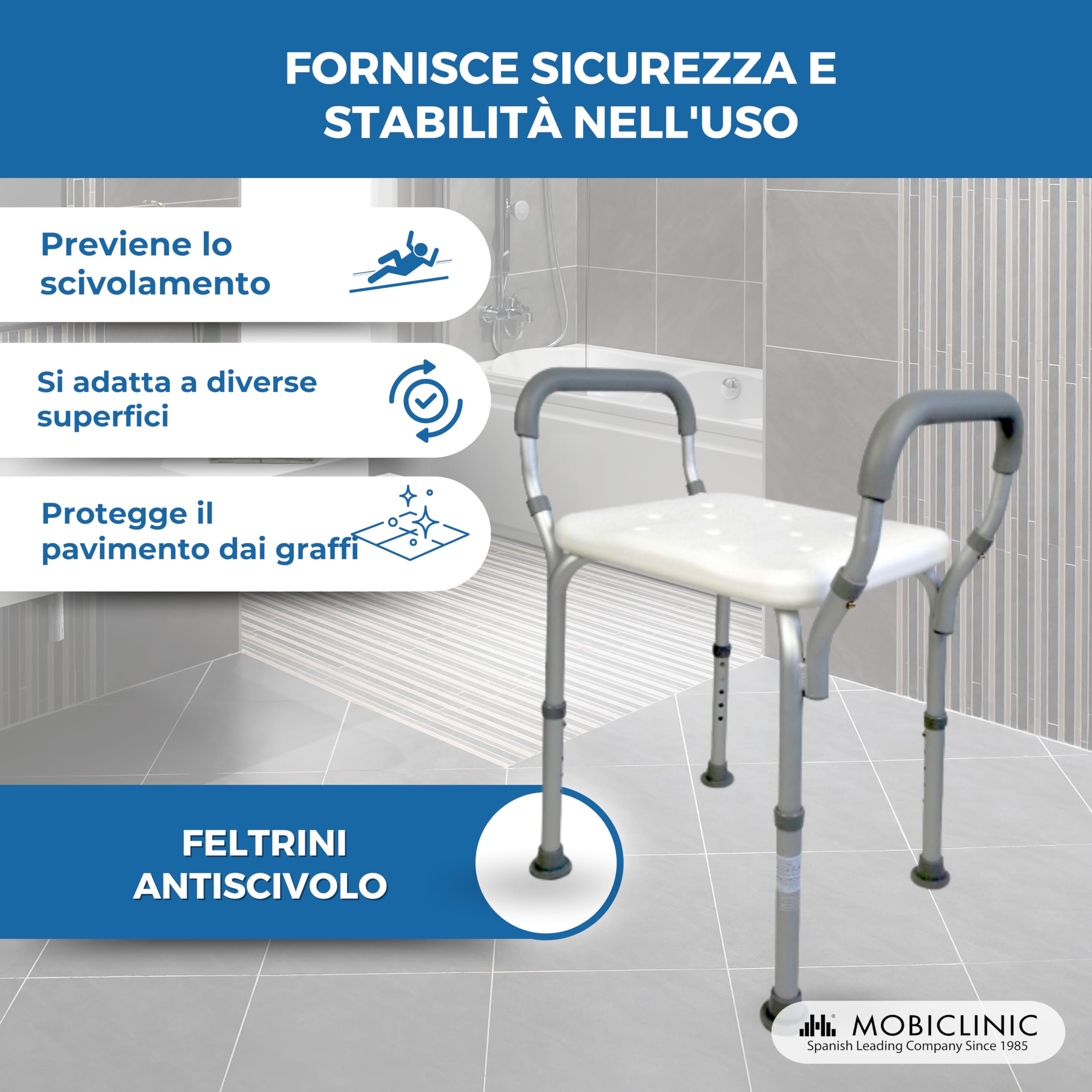 Mobiclinic®, Sgabello Doccia, Altezza Regolabile, Acueducto, Sgabello da Bagno, Puntali Antiscivolo, con Braccioli, MAX. 100 kg, Alluminio, Bianco