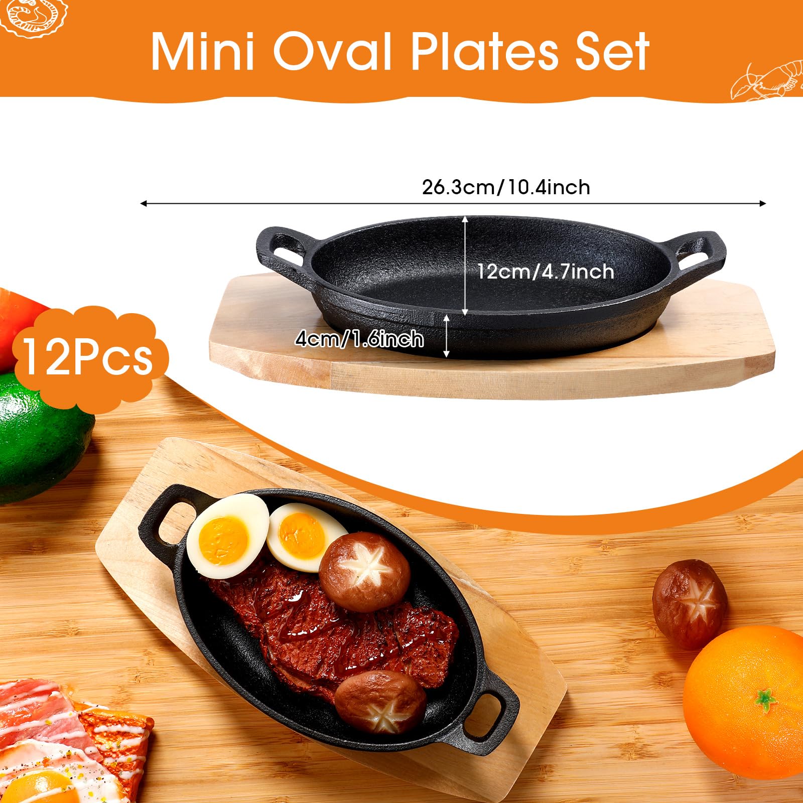 Mifoci Gusseisen-Pfanne mit Holzboden, Mini-Gusseisen-Fajita-Teller, Bäckerpfanne, mattschwarz, kleine Pfanne für Küche, Restaurant, Grill, Abendessen (21,6 x 12,9 x 4,1 cm)