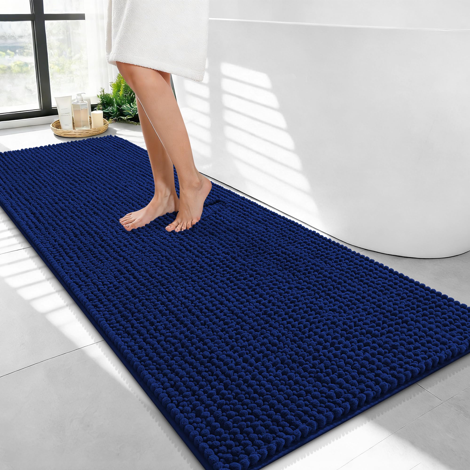 OLANLY Thick Chenille Bathroom Runner Rugs 47x24, Absorbent Bath Mat, Navy