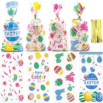 Easter Cellophane Treat Bags, Easter Gift Bags, Easter Goodie Bags Plastic Clear Cello Colorful Eggs Bunny Easters Candy Cookies Goody Snack Bag with Ties for Easte Party Favors Supplies, 100 Pcs