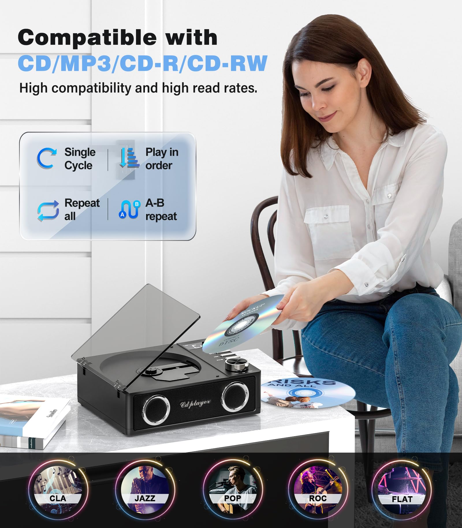 Greadio Lecteur de CD portable Discman Lecteur de CD, protection anti-saut 4 Sons EQ, Carte TF/Sortie AUX, petit Lecteur de musique, Compatible avec CD-R, CD-RW et MP3 pour