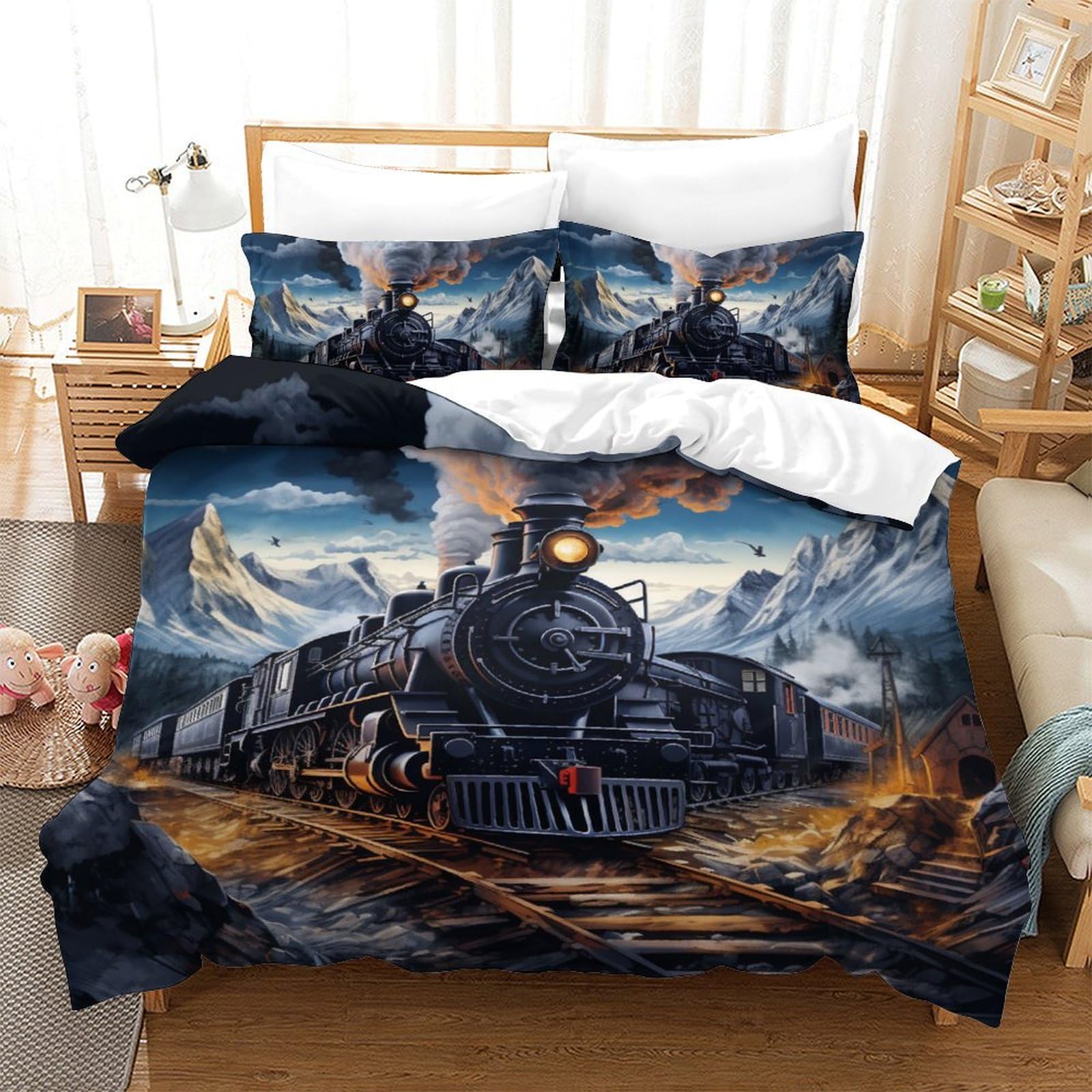 Parure de lit train 3D microfibre respirante housse de couette 200x200 avec taies d'oreiller