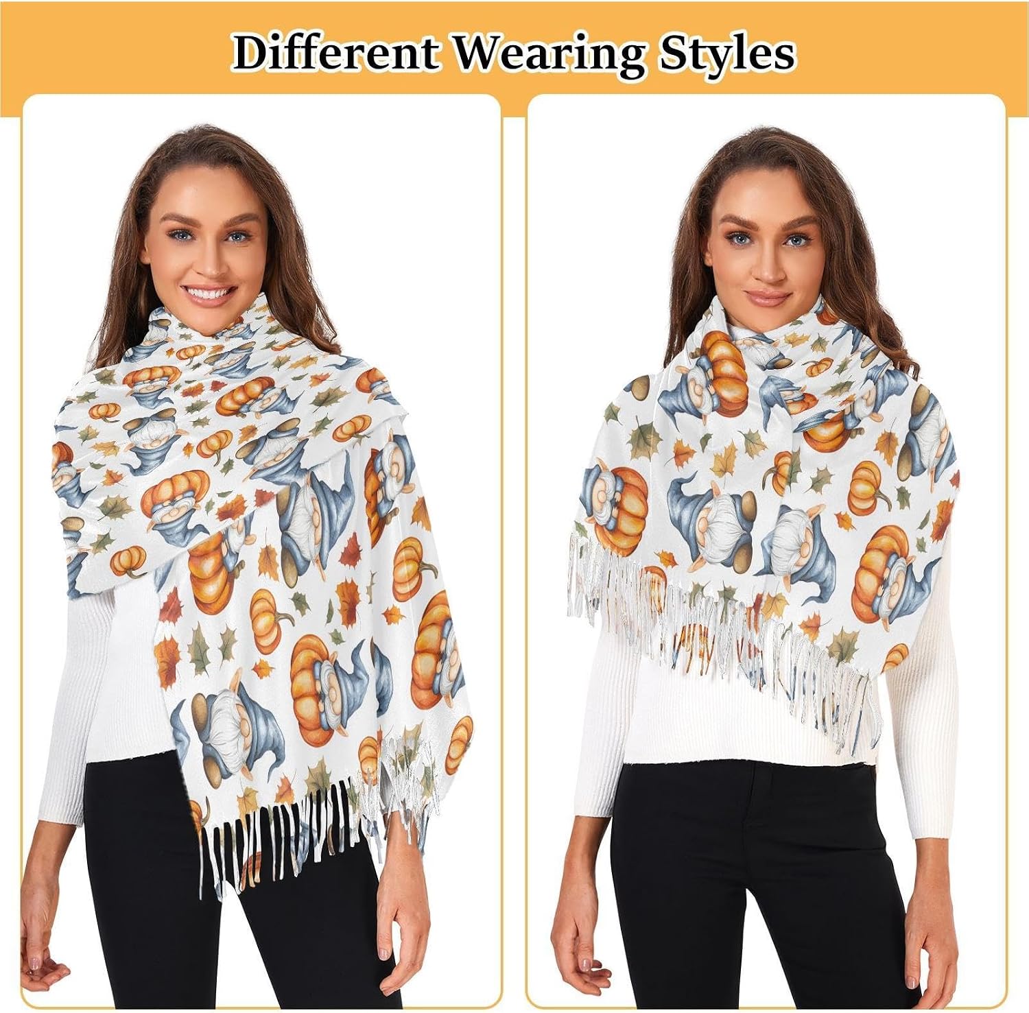 Winter Scarf for Women Blue Gnomes Orange Pumpkins Fashion Tassel Shawl Wraps for Women, Cold Weather Warm Womens Scarves Soft Long Scarf