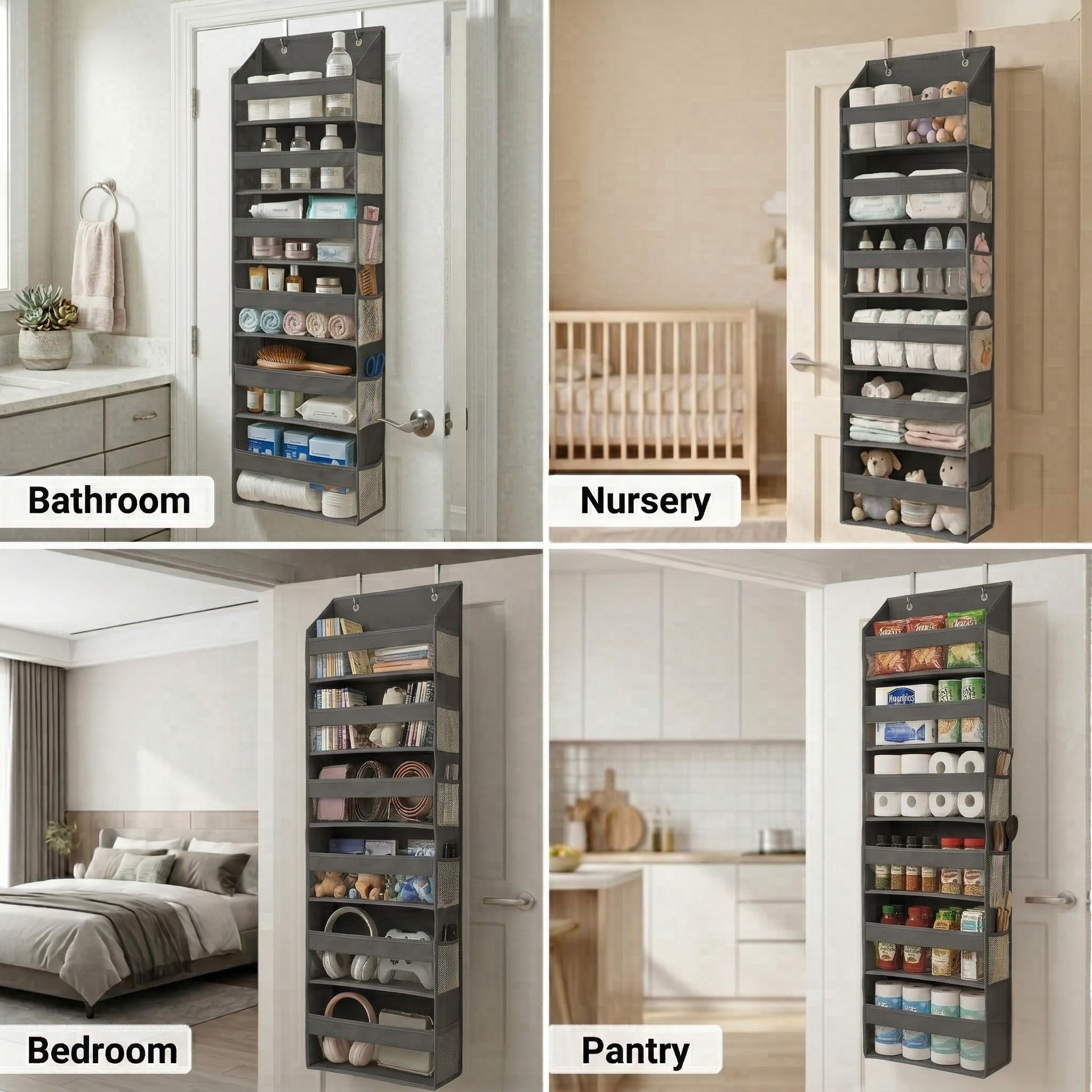 HOMELUX THEORY 1 x robuster Tür-Organizer, 140 x 35 x 17 cm, 6 große Front- und 12 Seitentaschen, Hängeaufbewahrung, Schranktür-Organizer für Schlafzimmer, Badezimmer und Babyzimmer (dunkelgrau)