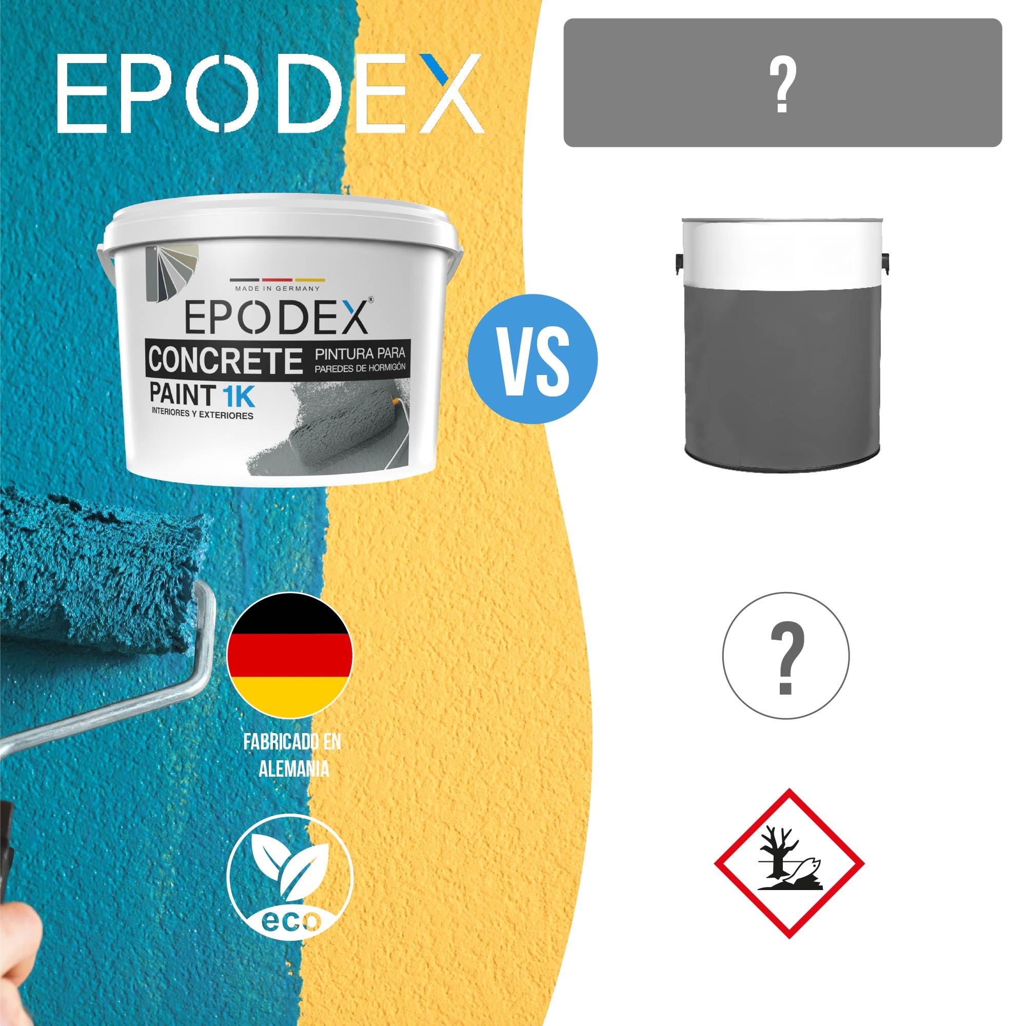EPODEX Pintura para hormigón 1K, Pintura para paredes y suelos, resistente a rayos UV y abrasión, Interior y exterior sin agua constante, 1kg (8m² por capa) - Blanco polar